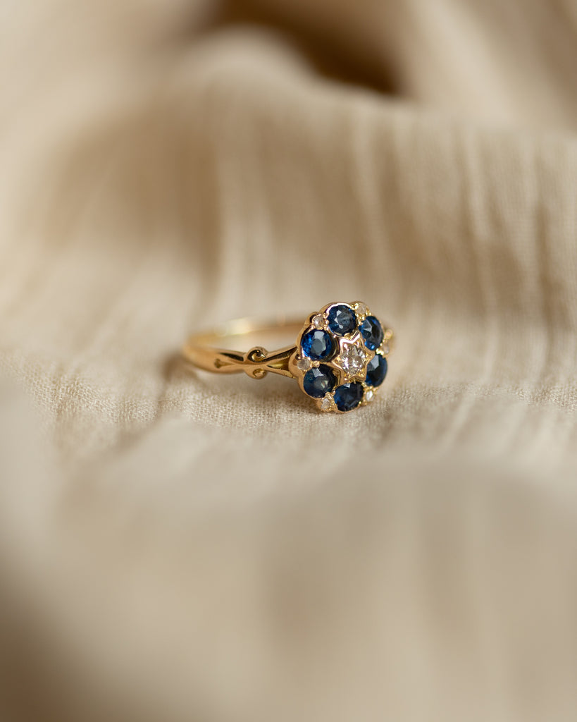 Camille Antique 18ct Gold Diamond & Sapphire Cluster Ring