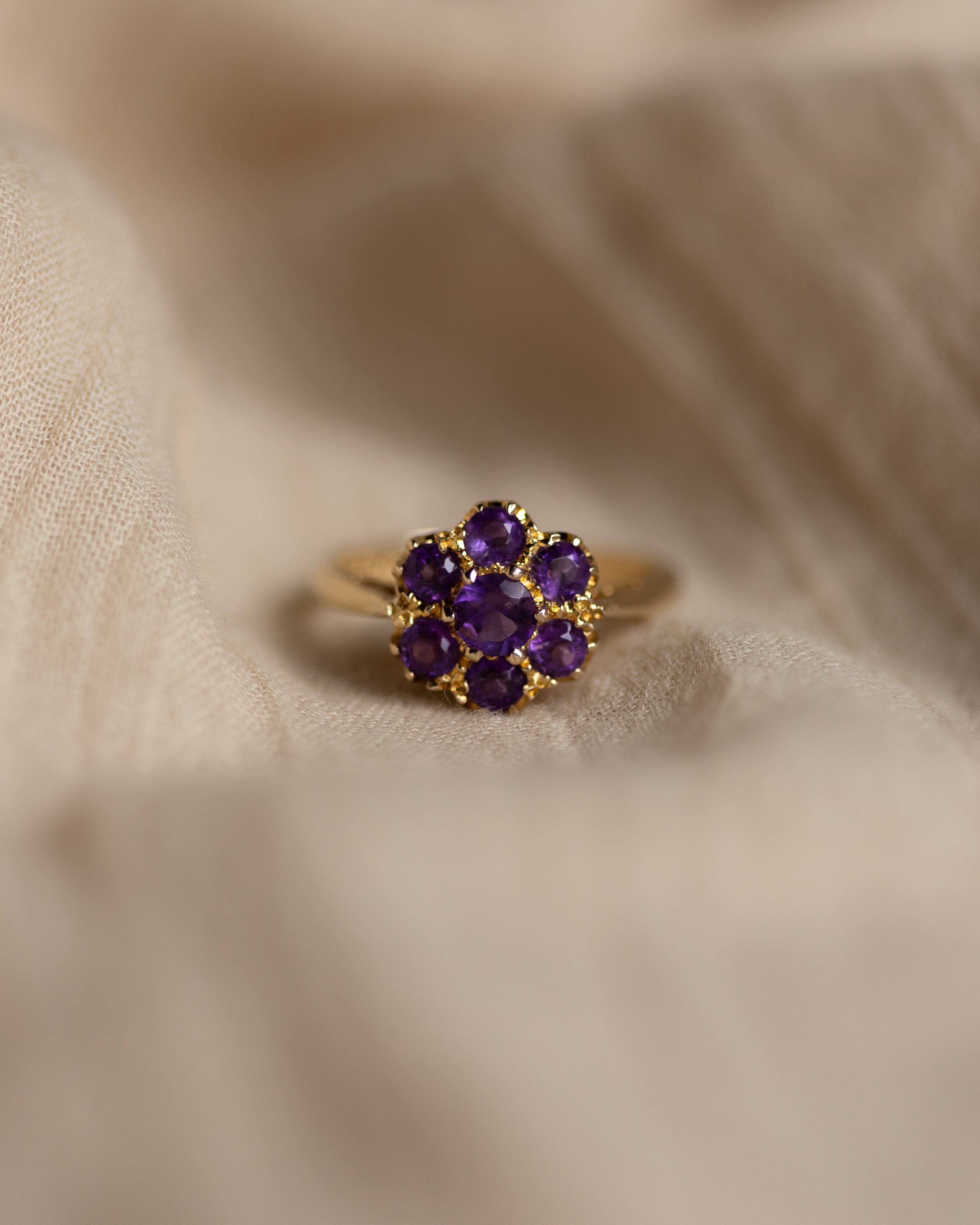 Irina 1969 Vintage 9ct Gold Amethyst Flowerhead Cluster Ring