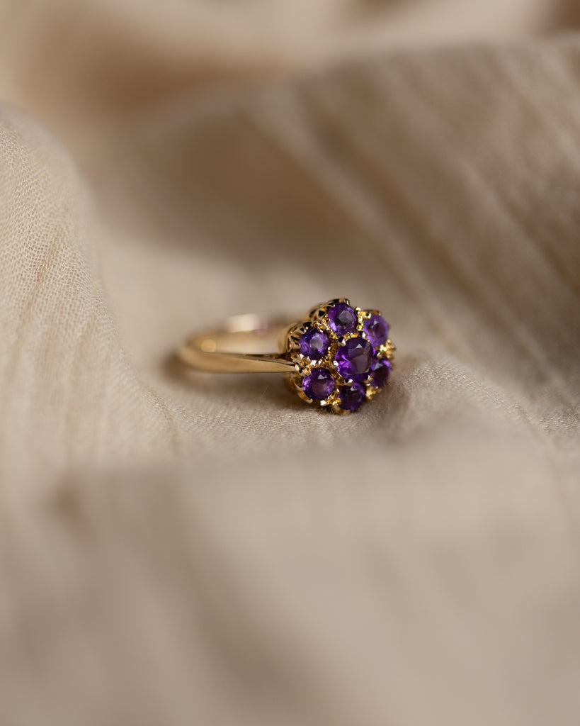 Irina 1969 Vintage 9ct Gold Amethyst Flowerhead Cluster Ring