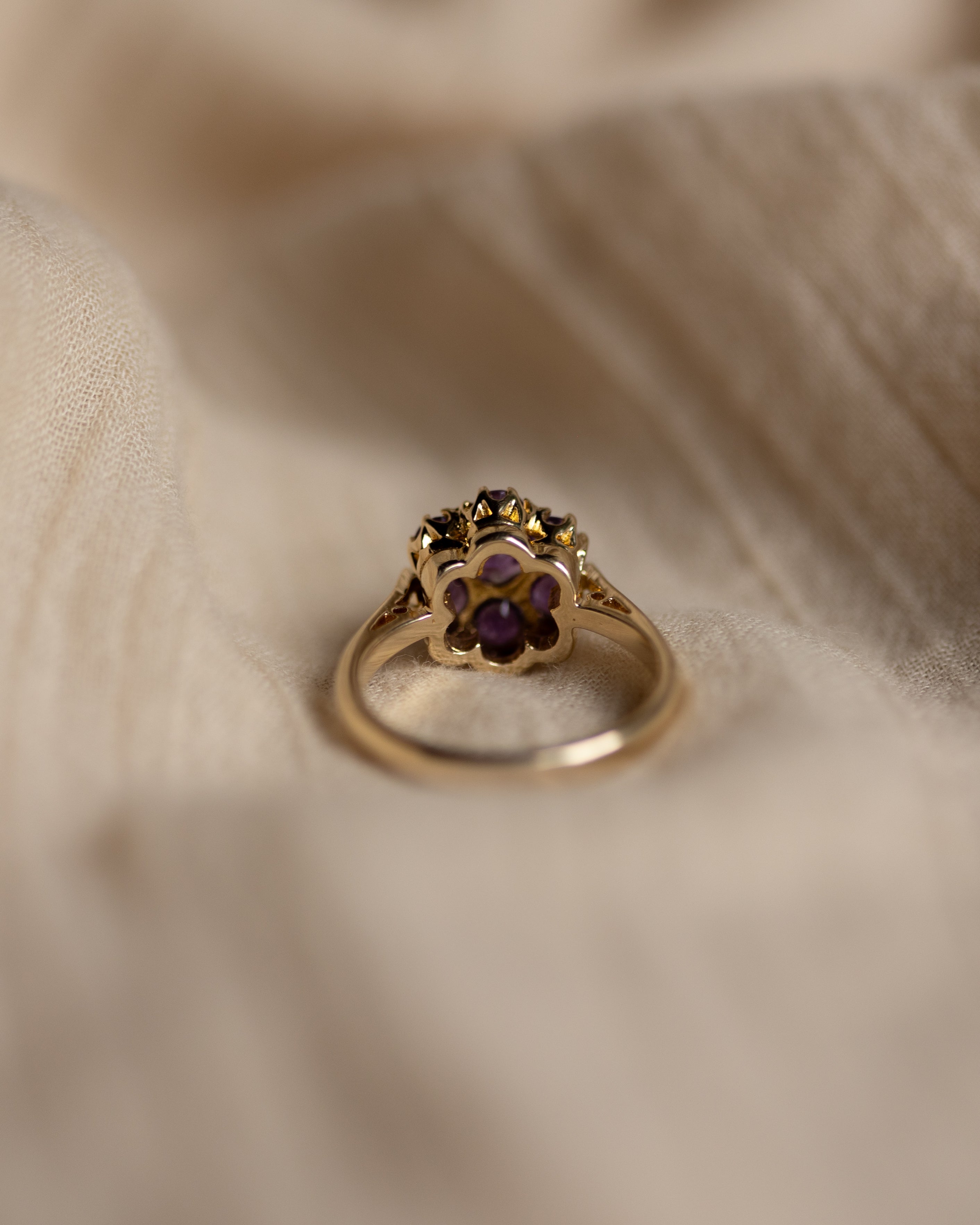 Irina 1969 Vintage 9ct Gold Amethyst Flowerhead Cluster Ring