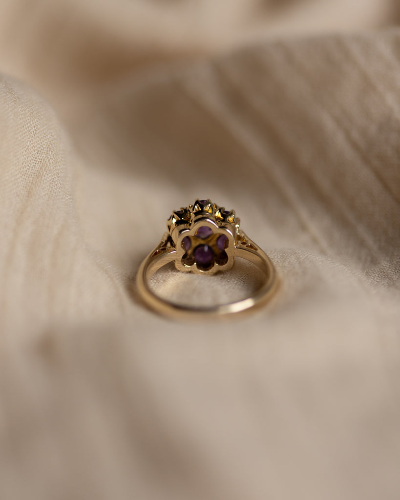 Irina 1969 Vintage 9ct Gold Amethyst Flowerhead Cluster Ring