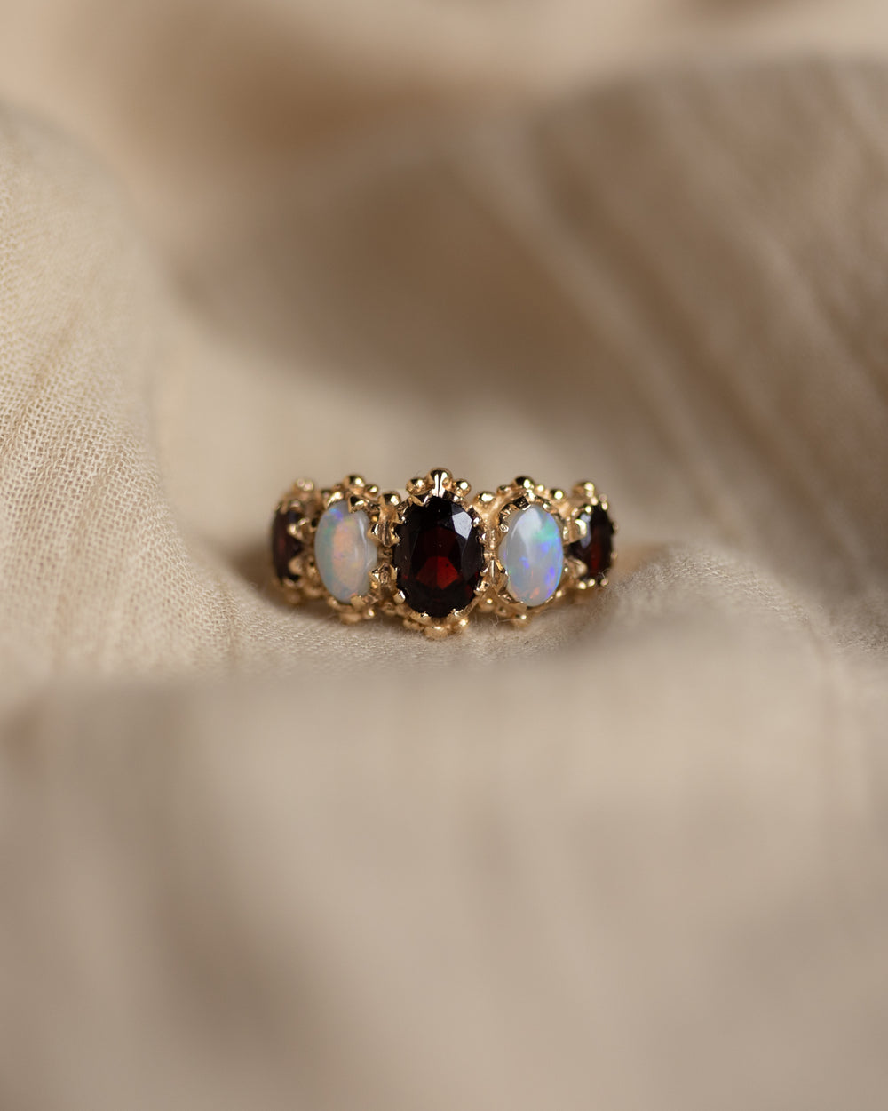 Brunhilde 1975 Vintage 9ct Gold Garnet & Opal Five Stone Ring