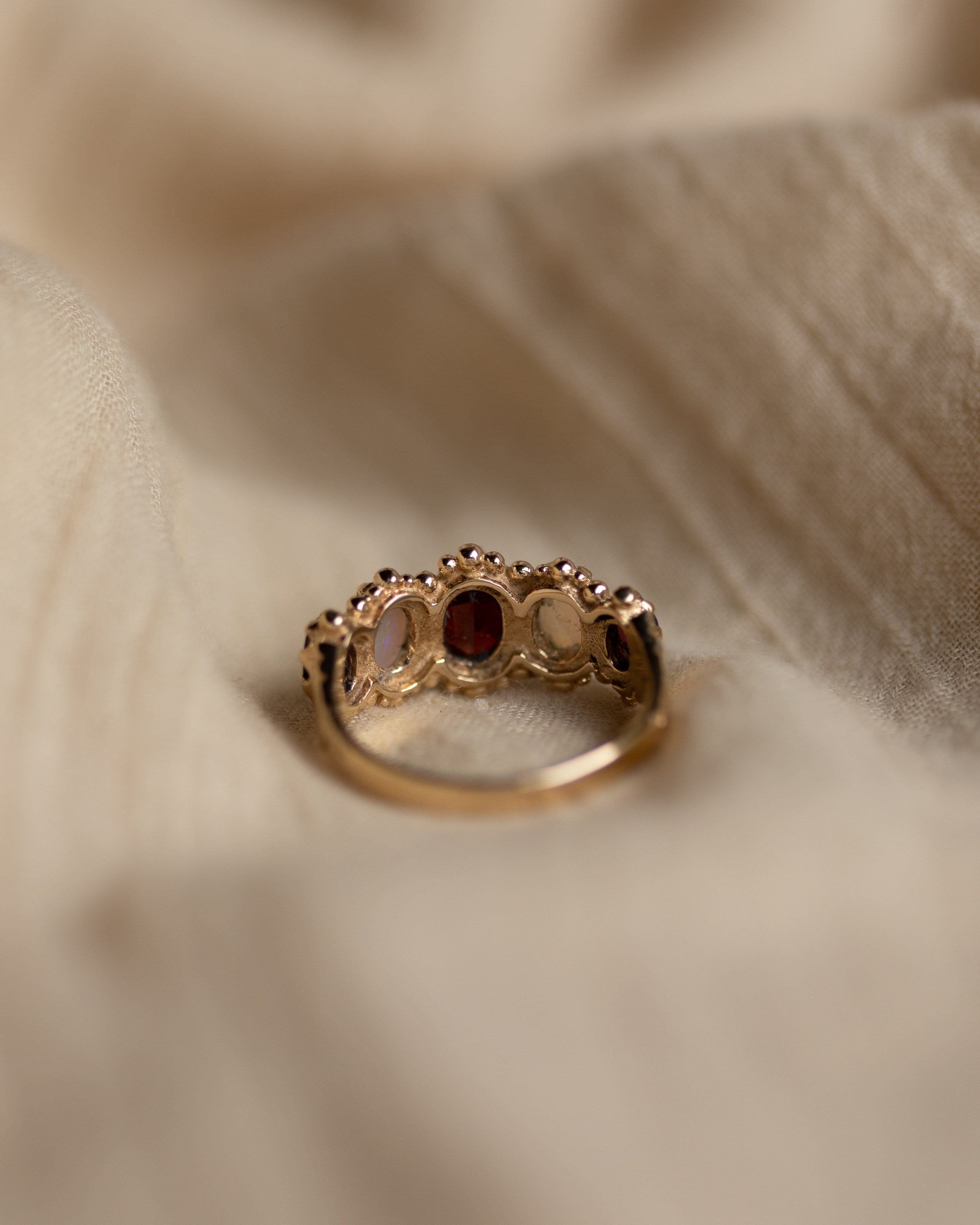 Brunhilde 1975 Vintage 9ct Gold Garnet & Opal Five Stone Ring