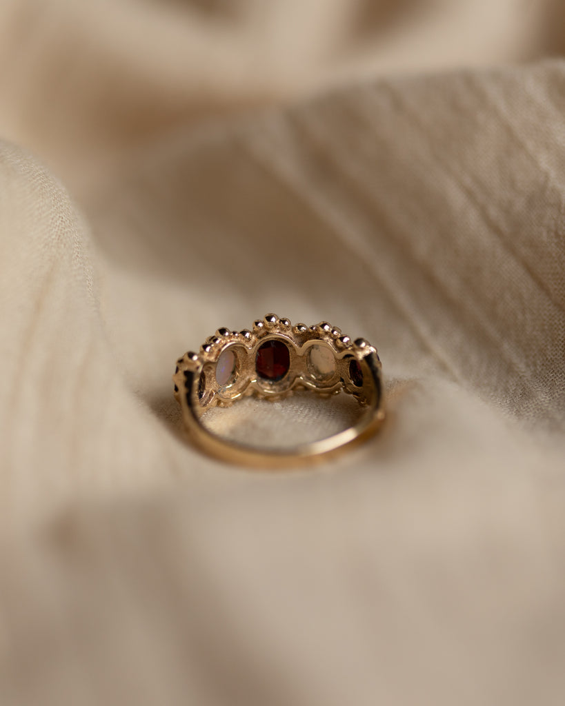 Brunhilde 1975 Vintage 9ct Gold Garnet & Opal Five Stone Ring