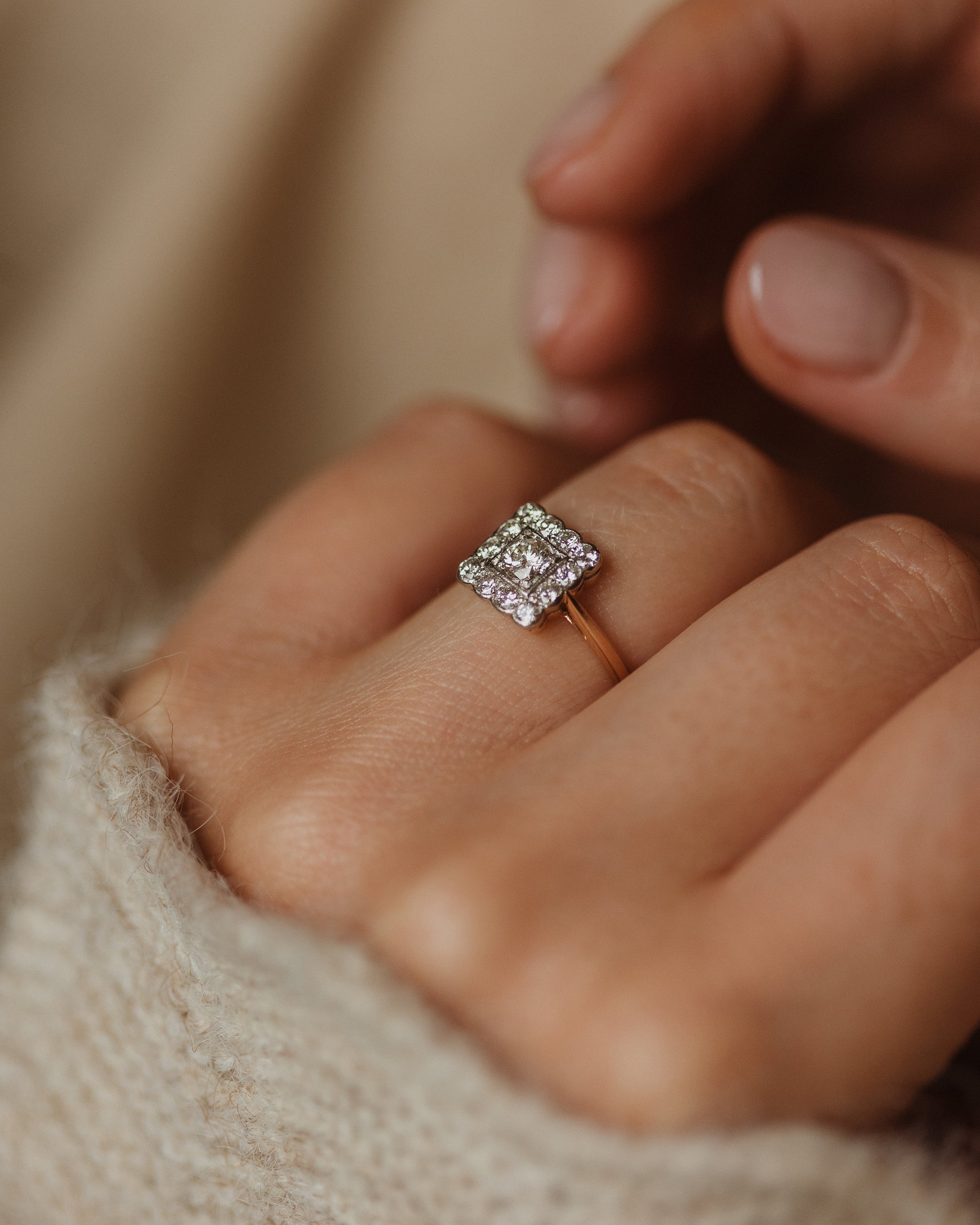Thomasina Antique Art Deco 18ct Gold Diamond Square Cluster Ring