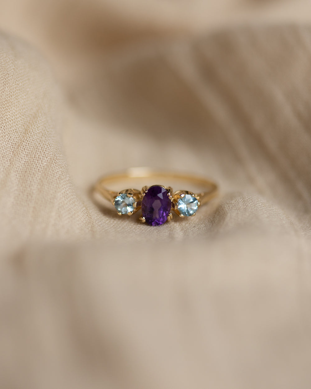 Erna Vintage 9ct Gold Amethyst & Blue Topaz Trilogy Ring