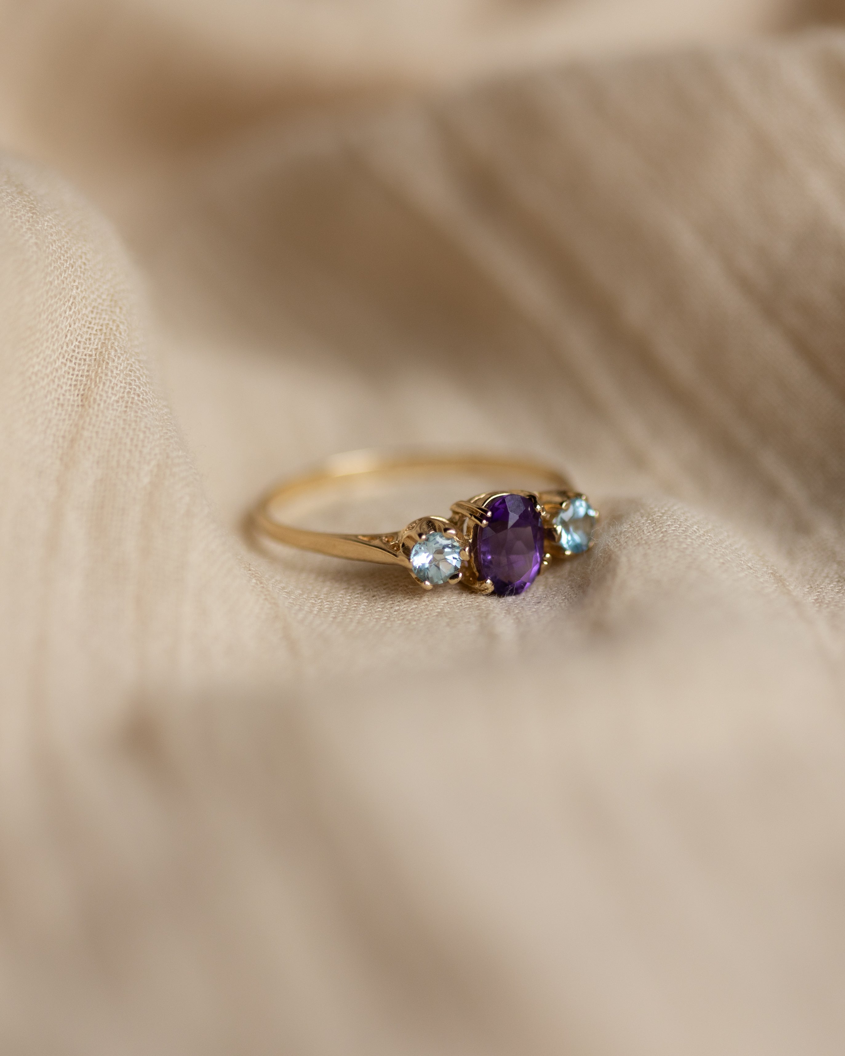 Erna Vintage 9ct Gold Amethyst & Blue Topaz Trilogy Ring