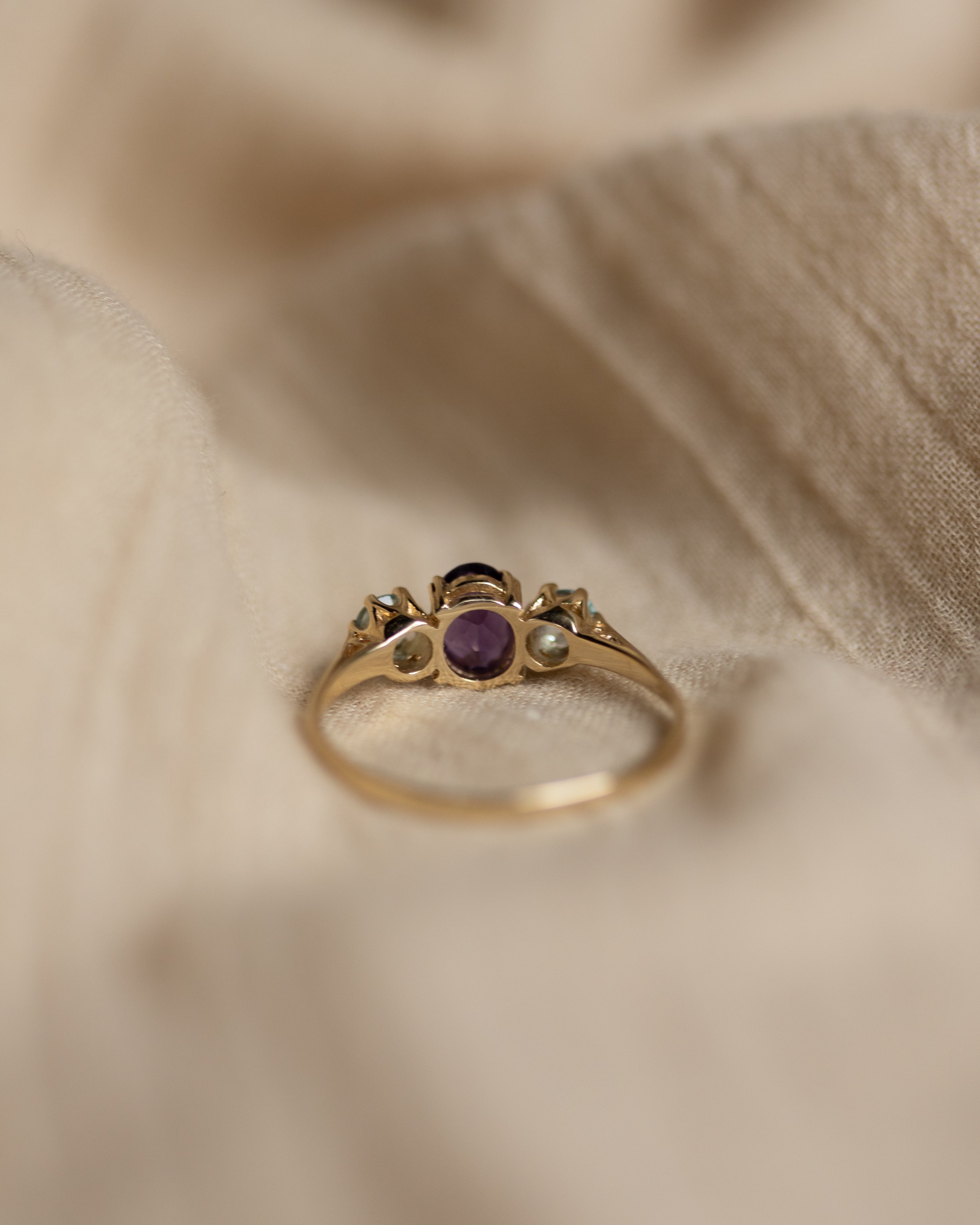 Erna Vintage 9ct Gold Amethyst & Blue Topaz Trilogy Ring