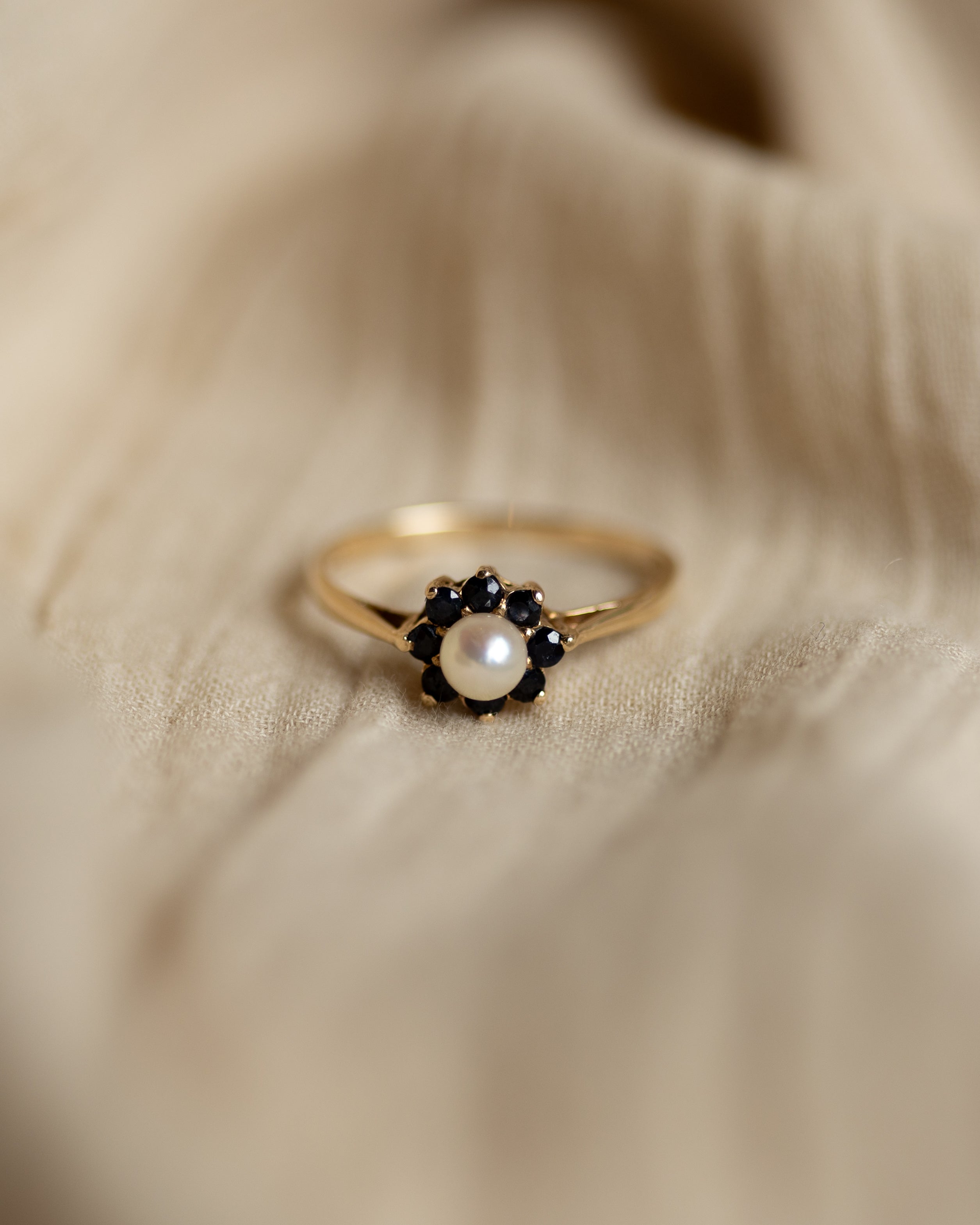 Gertie 1983 Vintage 9ct Gold Pearl & Sapphire Cluster Ring