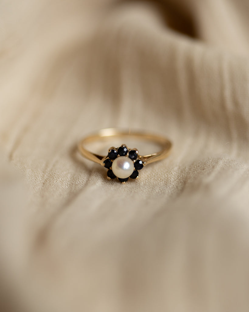 Gertie 1983 Vintage 9ct Gold Pearl & Sapphire Cluster Ring
