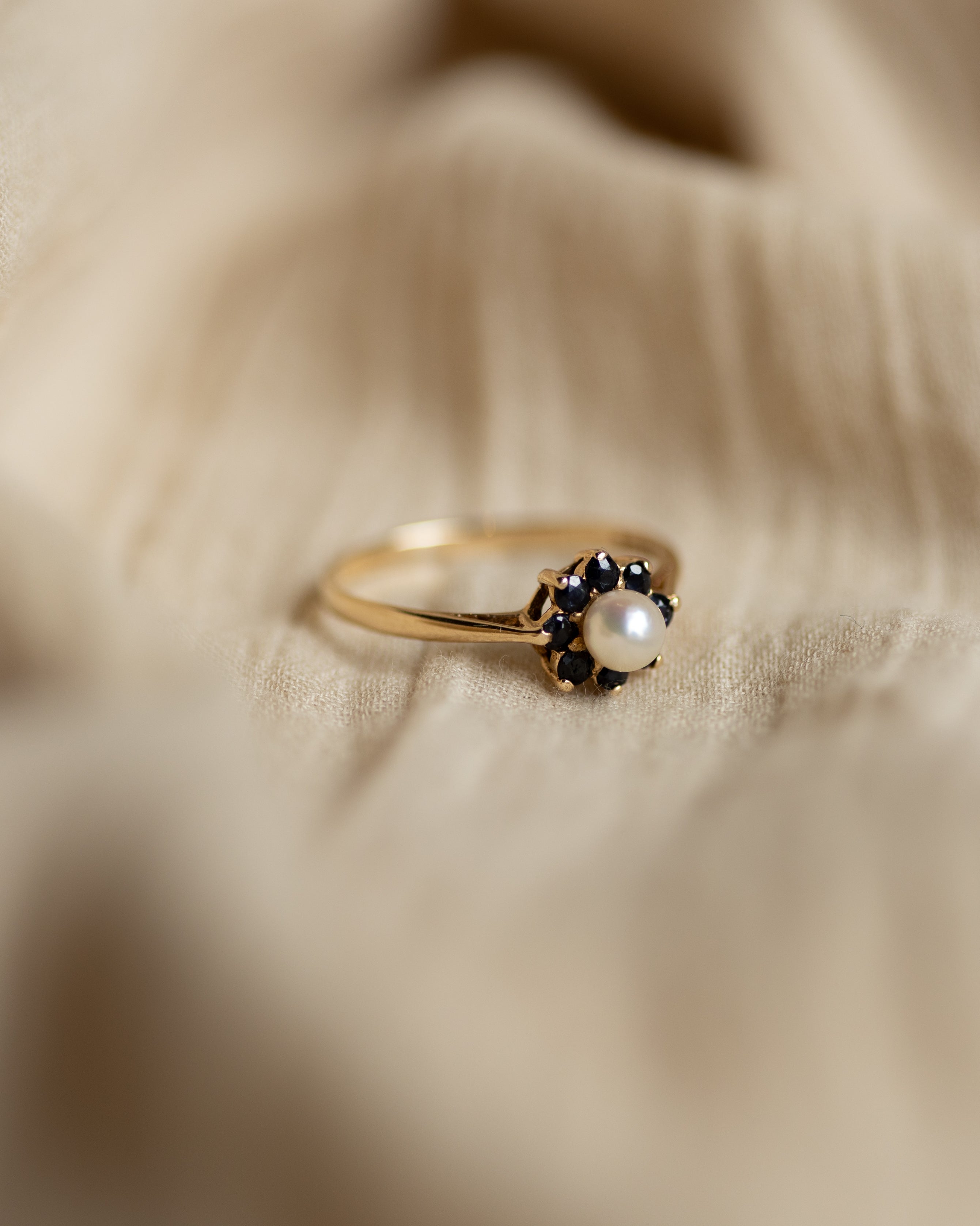 Gertie 1983 Vintage 9ct Gold Pearl & Sapphire Cluster Ring