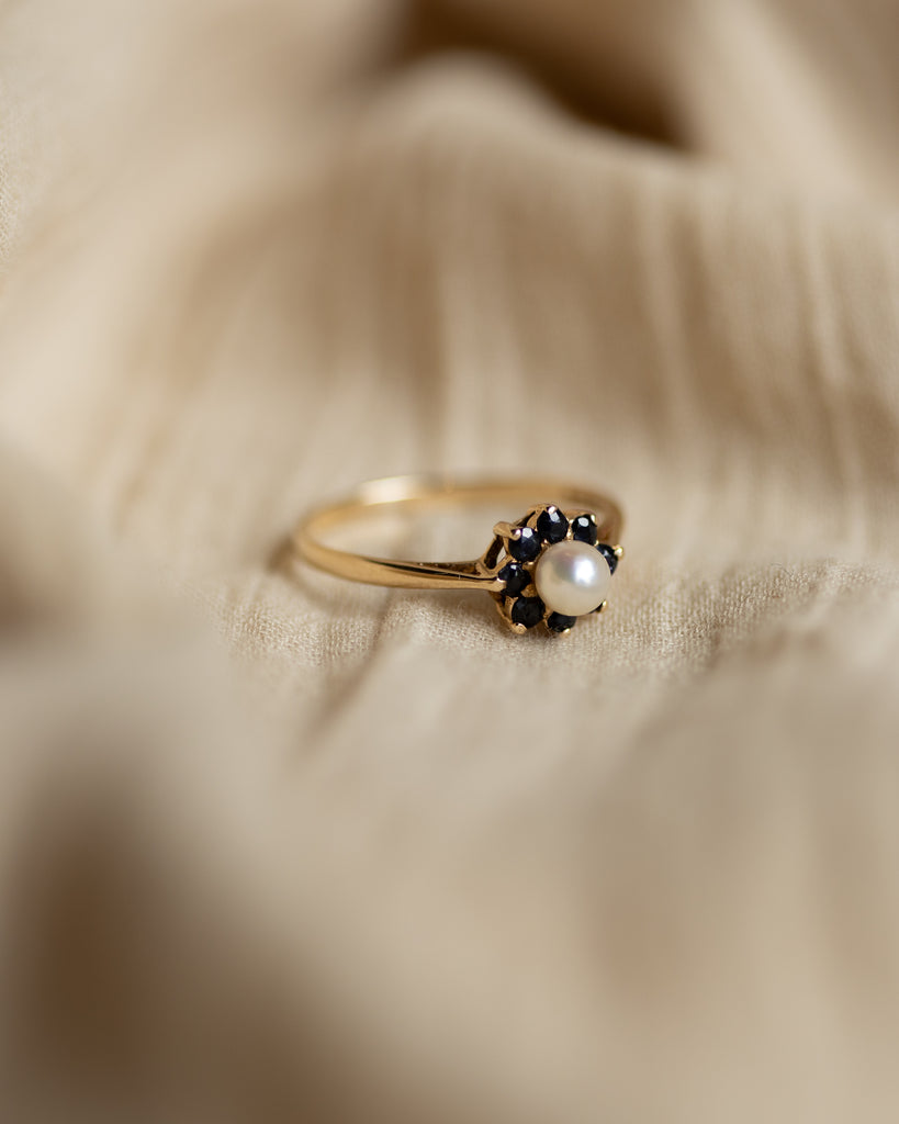 Gertie 1983 Vintage 9ct Gold Pearl & Sapphire Cluster Ring