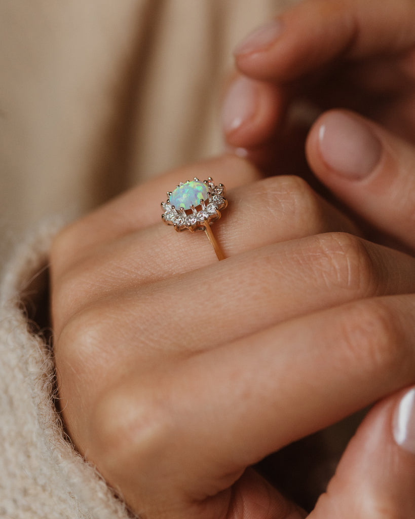 Lucy Vintage 9ct Gold Opal & CZ Cluster Flowerhead Ring