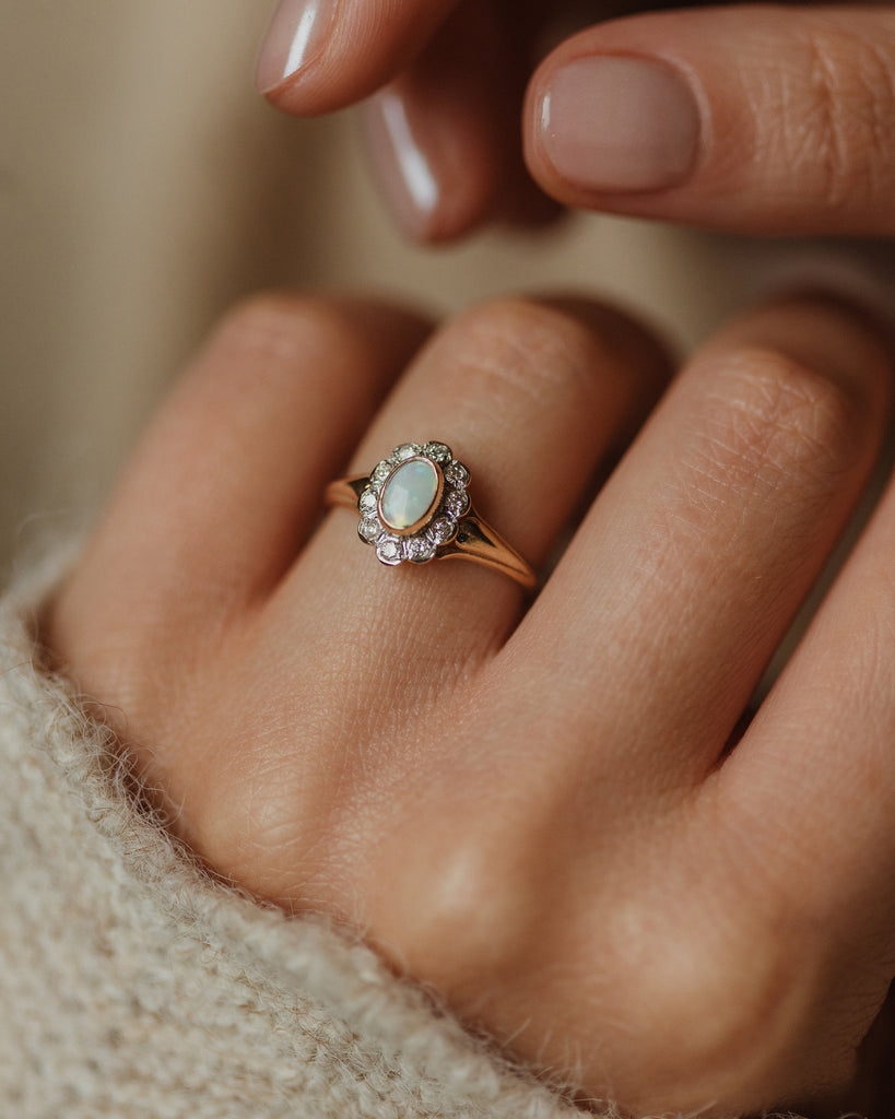 Adelina Vintage 9ct Gold Opal & Diamond Daisy Cluster Ring