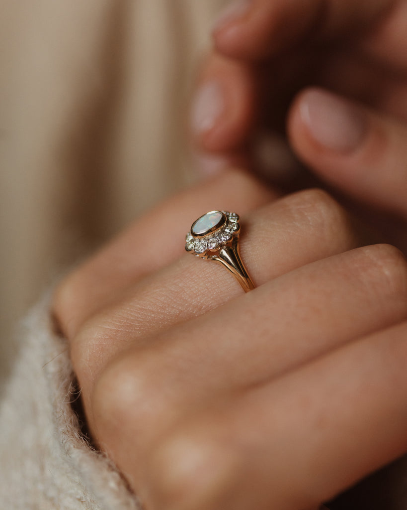 Adelina Vintage 9ct Gold Opal & Diamond Daisy Cluster Ring