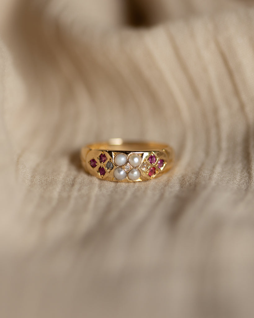 Lavinia 1880 Antique 18ct Gold Diamond, Pearl & Ruby Ring