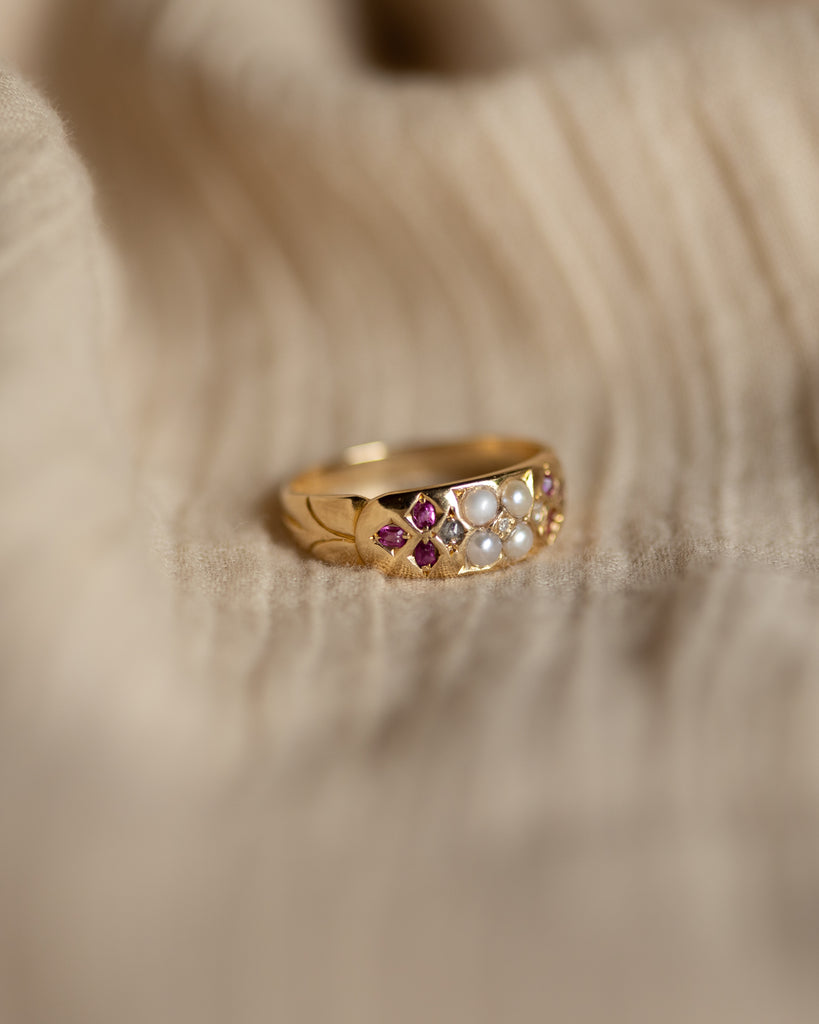Lavinia 1880 Antique 18ct Gold Diamond, Pearl & Ruby Ring