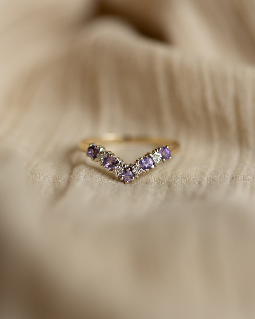 Lydia Vintage 9ct Gold Amethyst & Diamond Wishbone Ring
