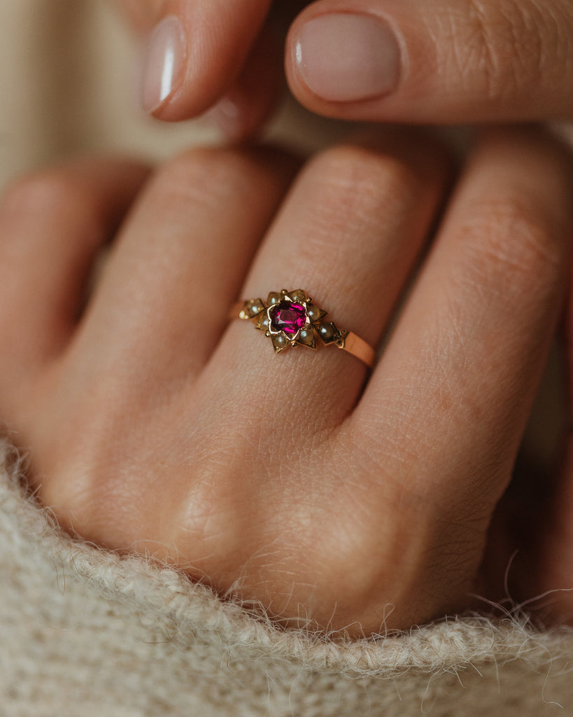 Agnes Victorian Antique 15ct Gold Ruby & Pearl Star Cluster Ring