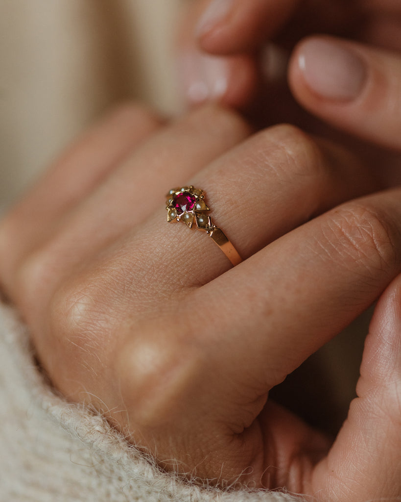 Agnes Victorian Antique 15ct Gold Ruby & Pearl Star Cluster Ring