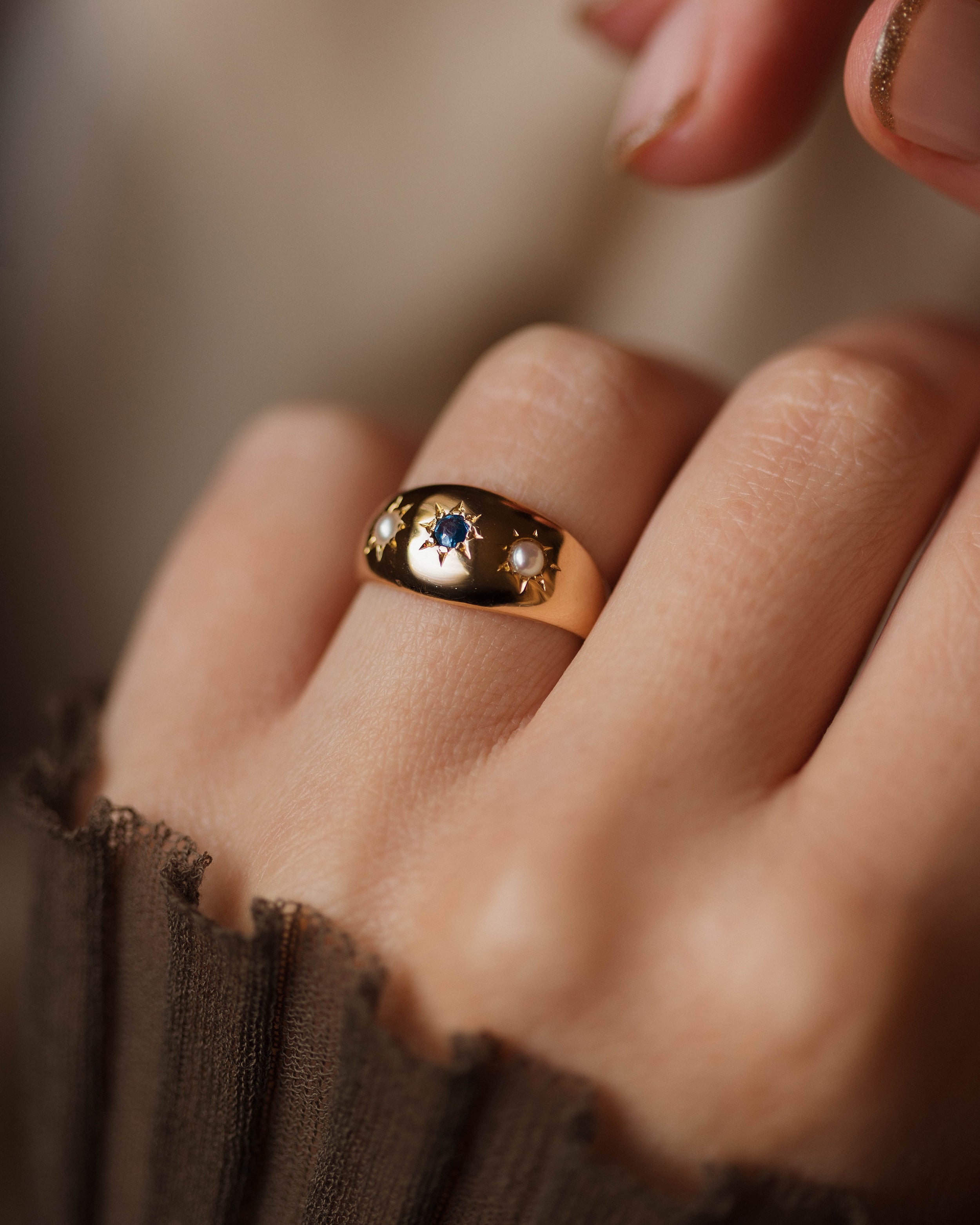 Image of Janet Antique 18ct Gold Star Set Sapphire & Pearl Trilogy Ring