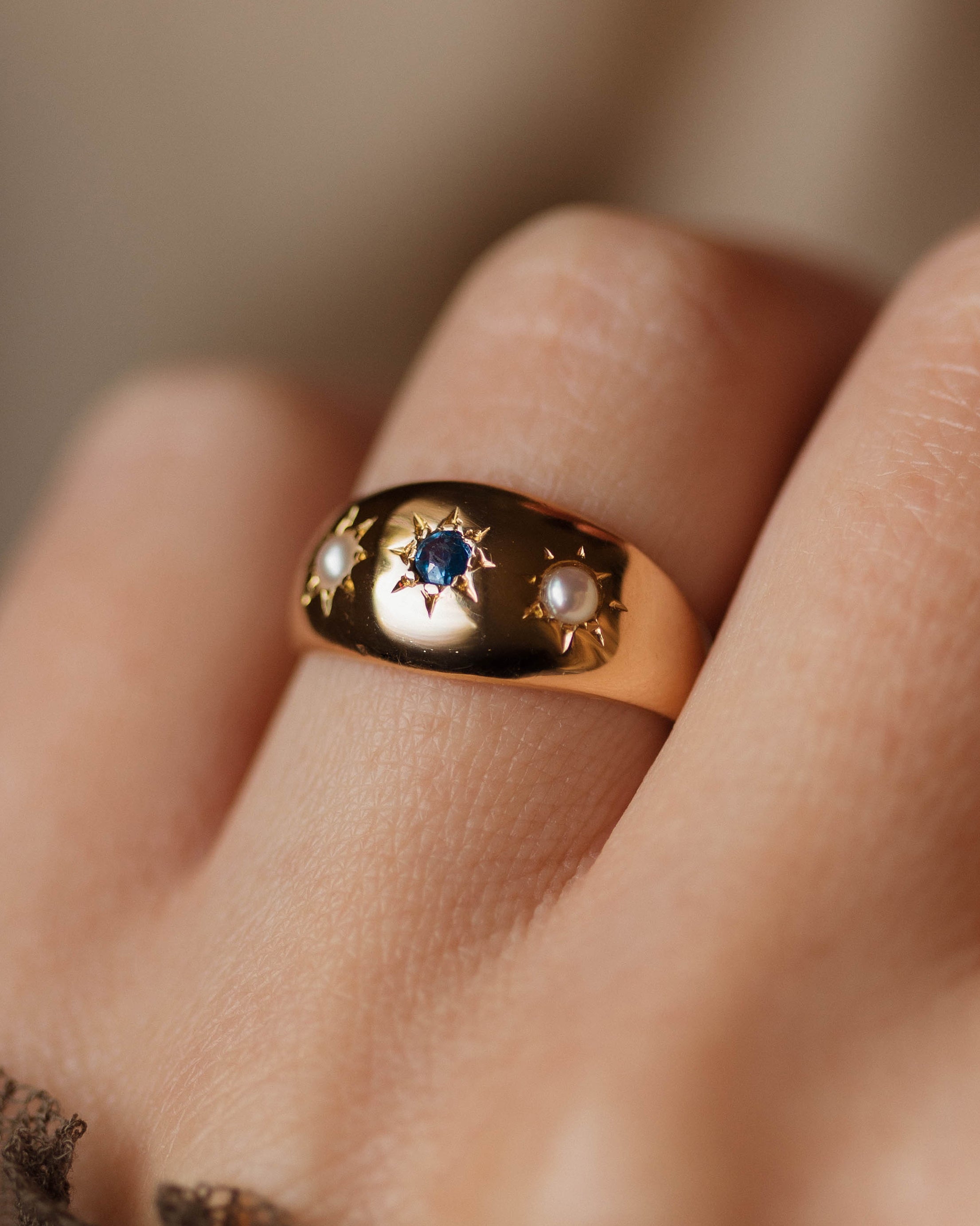 Janet Antique 18ct Gold Star Set Sapphire & Pearl Trilogy Ring
