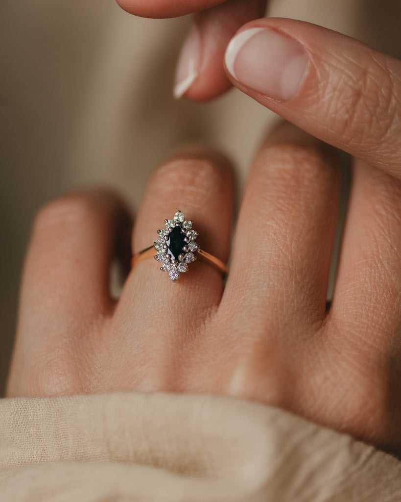 Priscilla 1982 Vintage 18ct Gold Sapphire & Diamond Marquise Cluster Ring