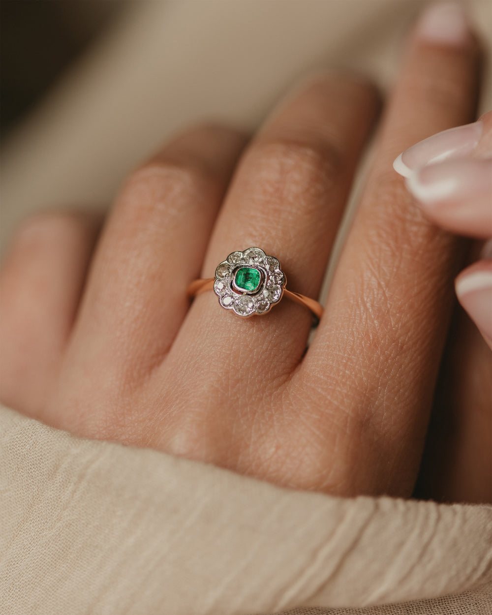 Fathima Antique Art Deco 18ct Gold Emerald & Diamond Cluster Ring