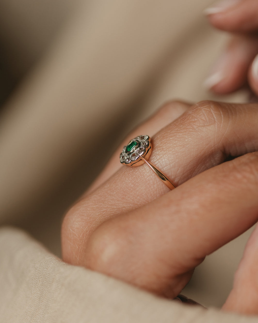 Fathima Antique Art Deco 18ct Gold Emerald & Diamond Cluster Ring