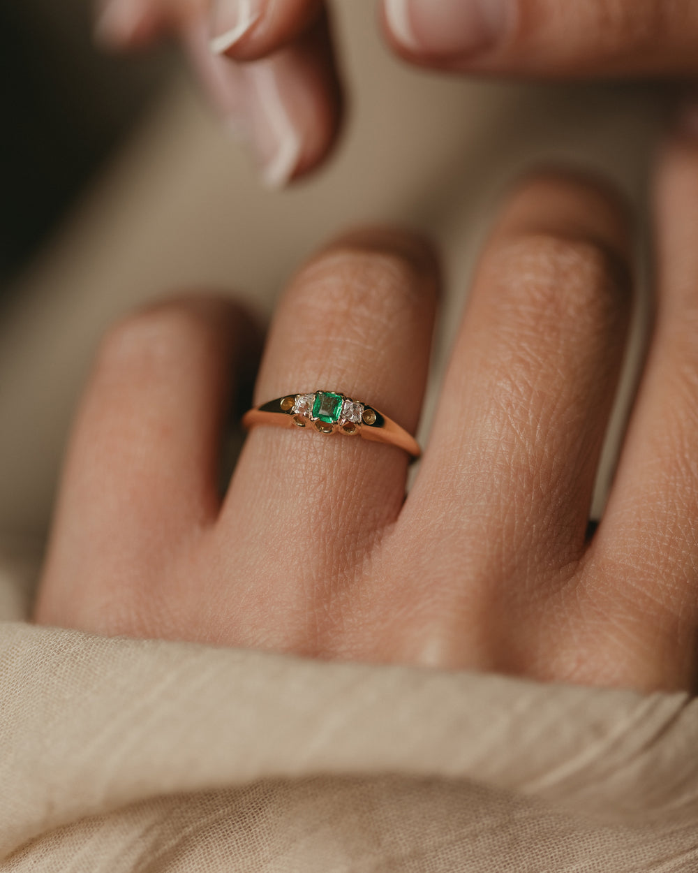 Félicie Antique 18ct Gold Emerald & Diamond Trilogy Ring