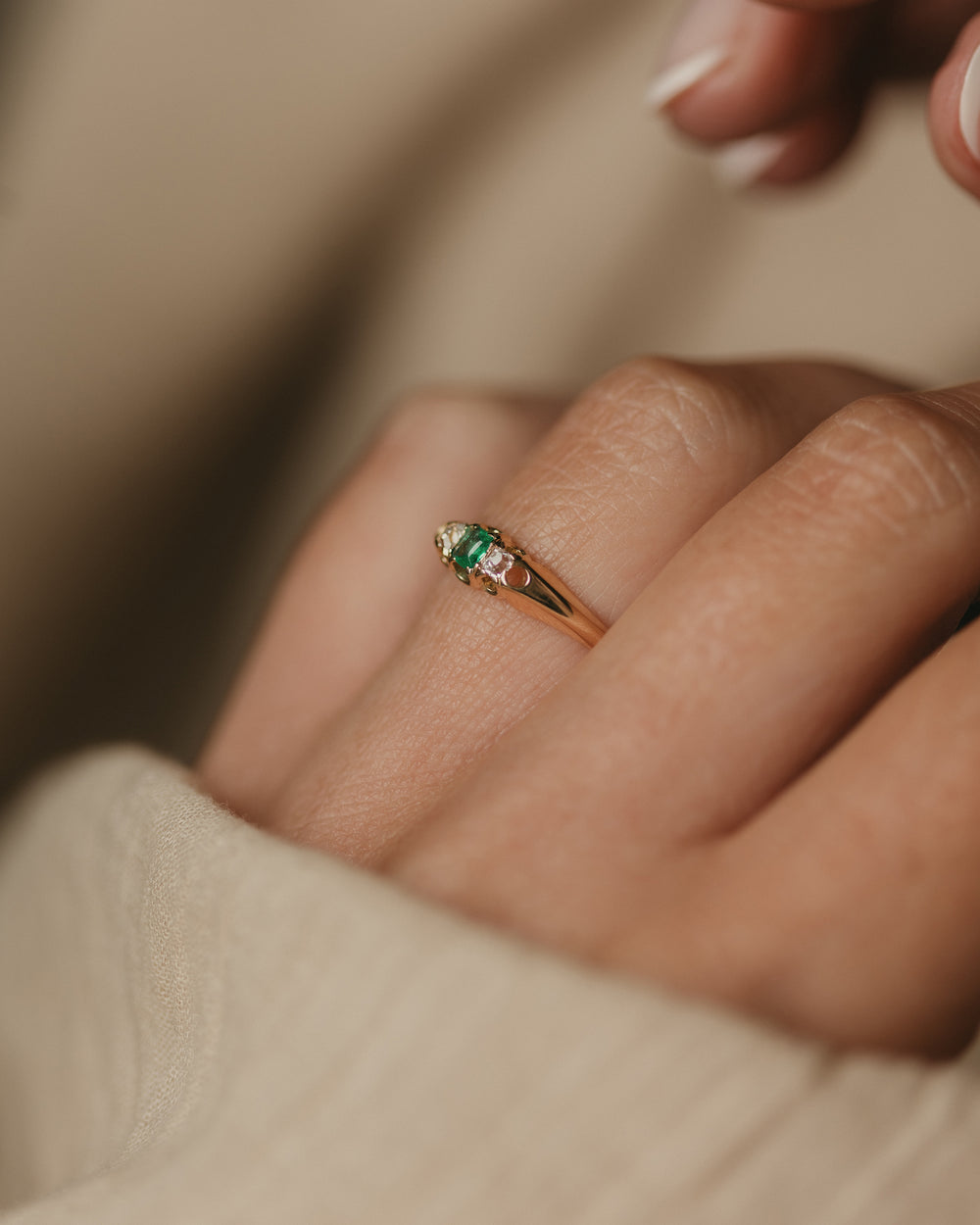 Félicie Antique 18ct Gold Emerald & Diamond Trilogy Ring