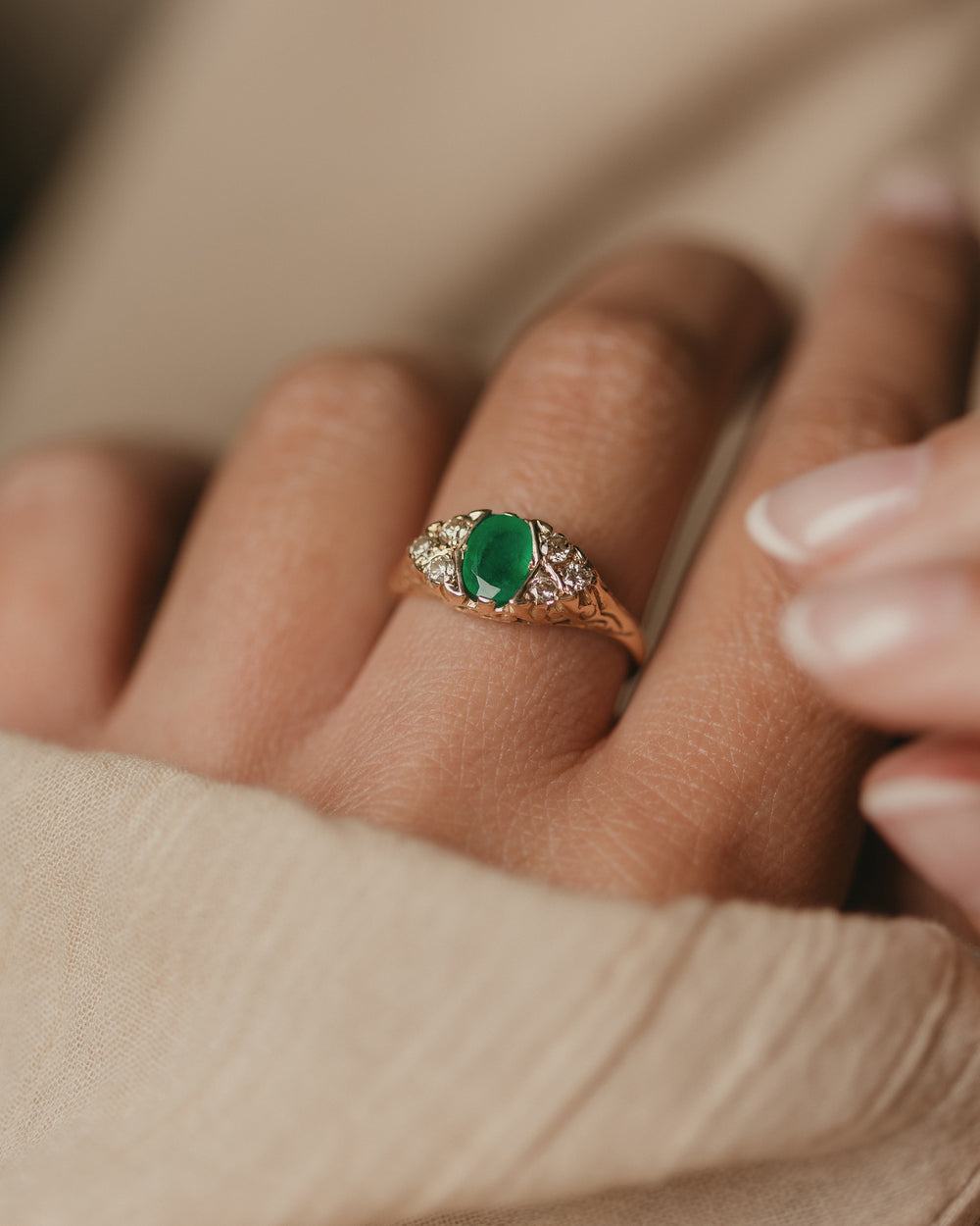Marthe Vintage 9ct Gold Emerald & Diamond Seven Stone Ring