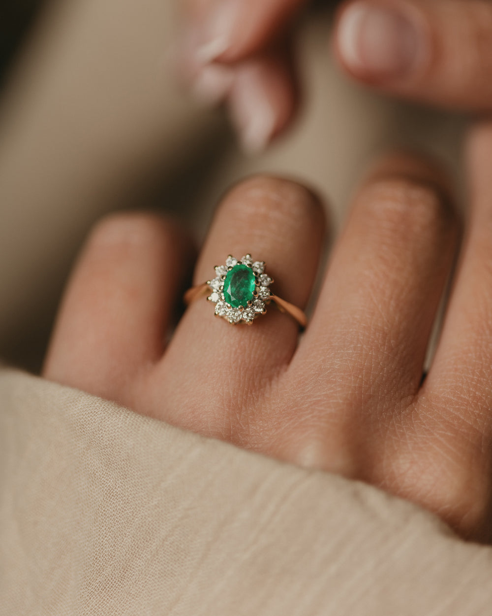 Charlotte 1988 Vintage 18ct Gold Emerald & Diamond Cluster Ring