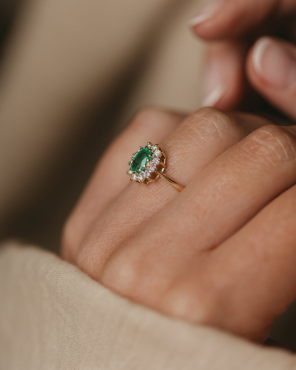 Charlotte 1988 Vintage 18ct Gold Emerald & Diamond Cluster Ring