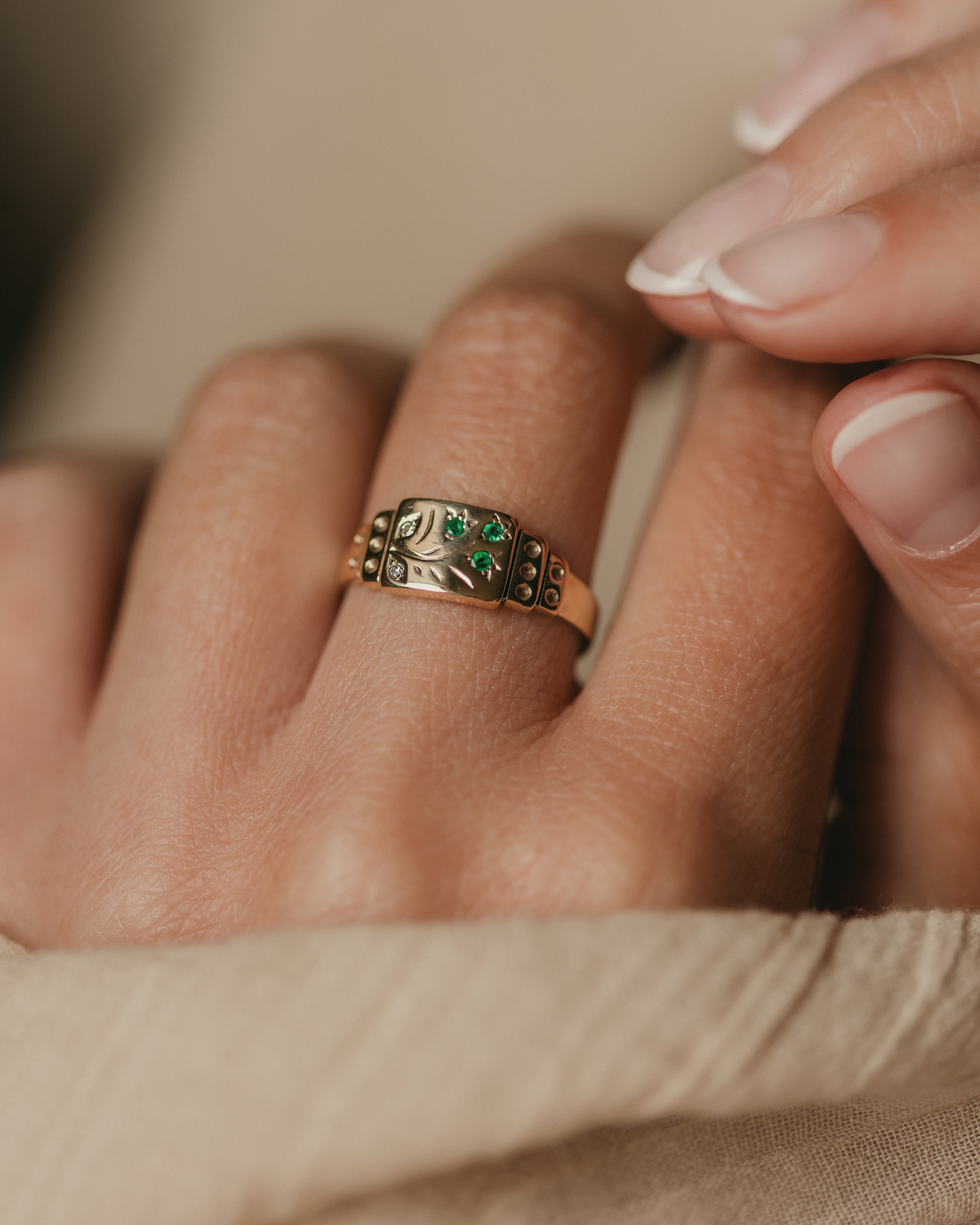 Image of Bertha Antique 9ct Gold Emerald & Diamond Floral Signet Ring