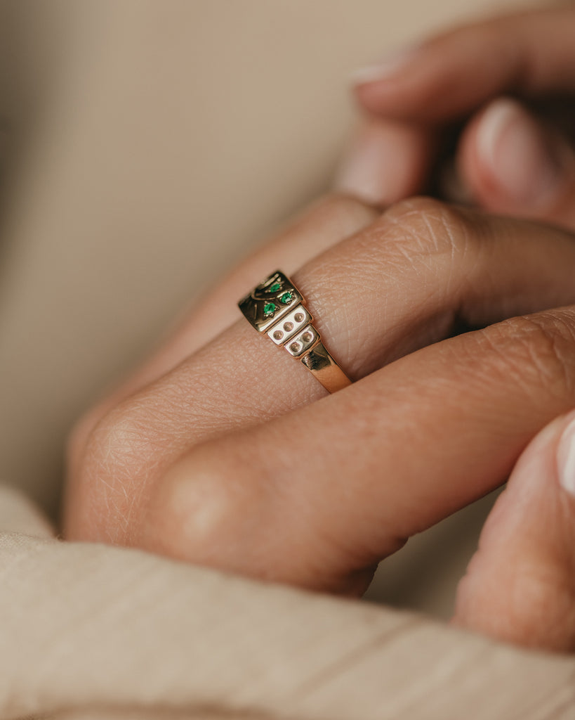 Bertha Antique 9ct Gold Emerald & Diamond Floral Signet Ring