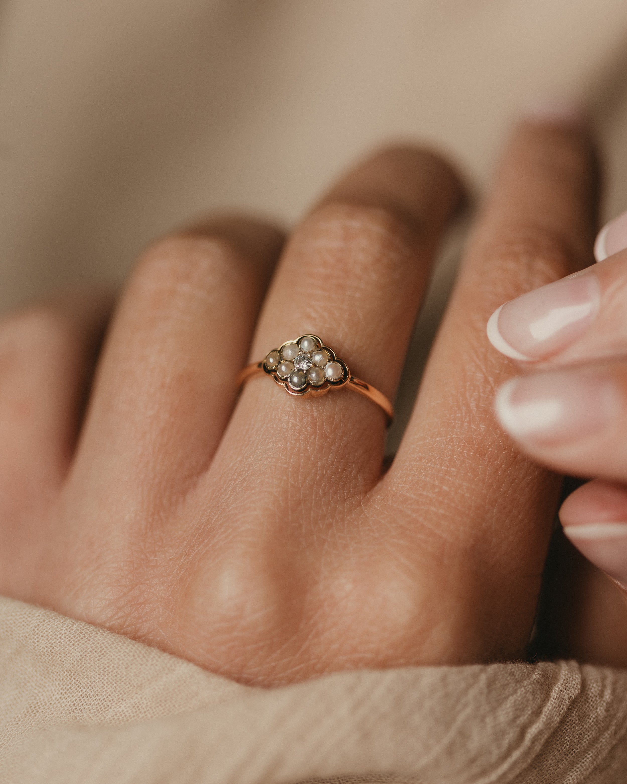 Image of Lydie Antique 18ct Gold Diamond & Pearl Cluster Ring
