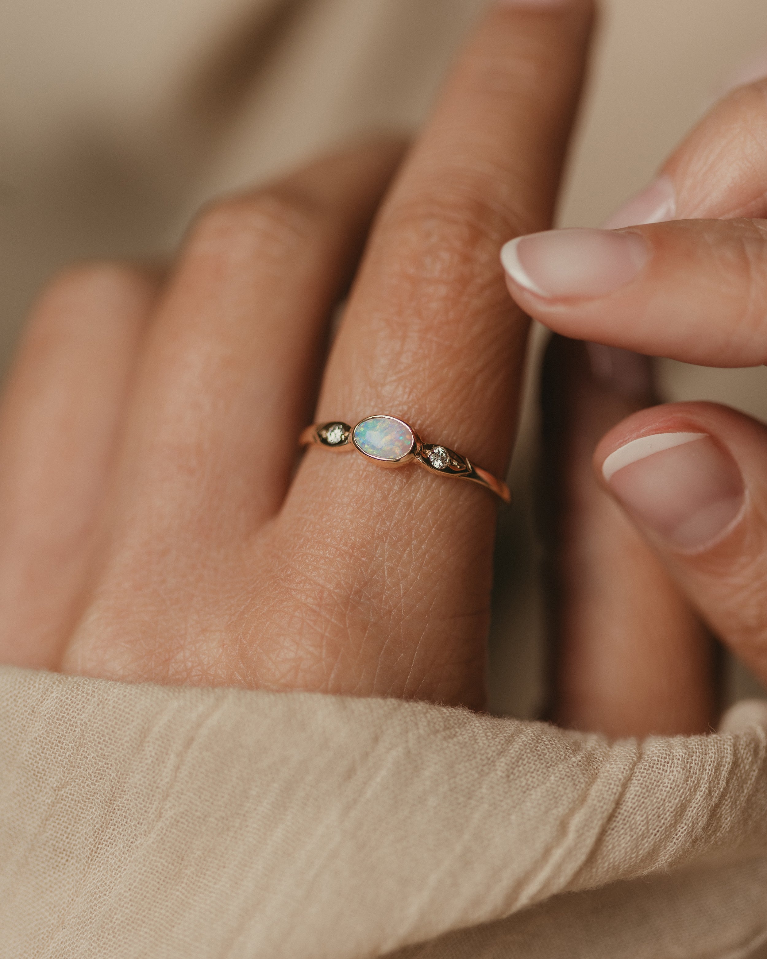 Image of Iva 1985 Vintage 9ct Gold Opal & Diamond Trilogy Ring