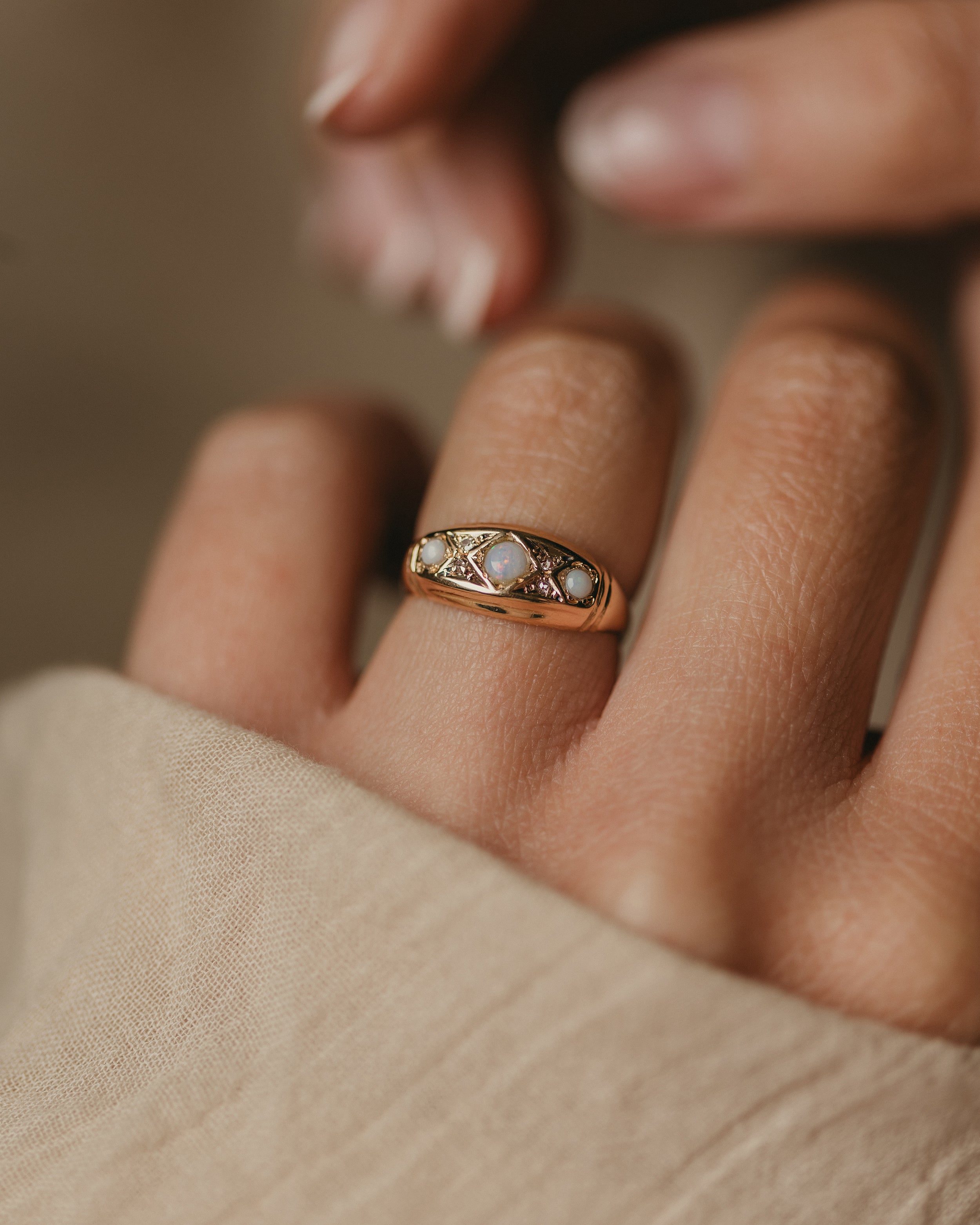 Image of Alma 1915 Antique 18ct Gold Opal & Diamond Trilogy Ring