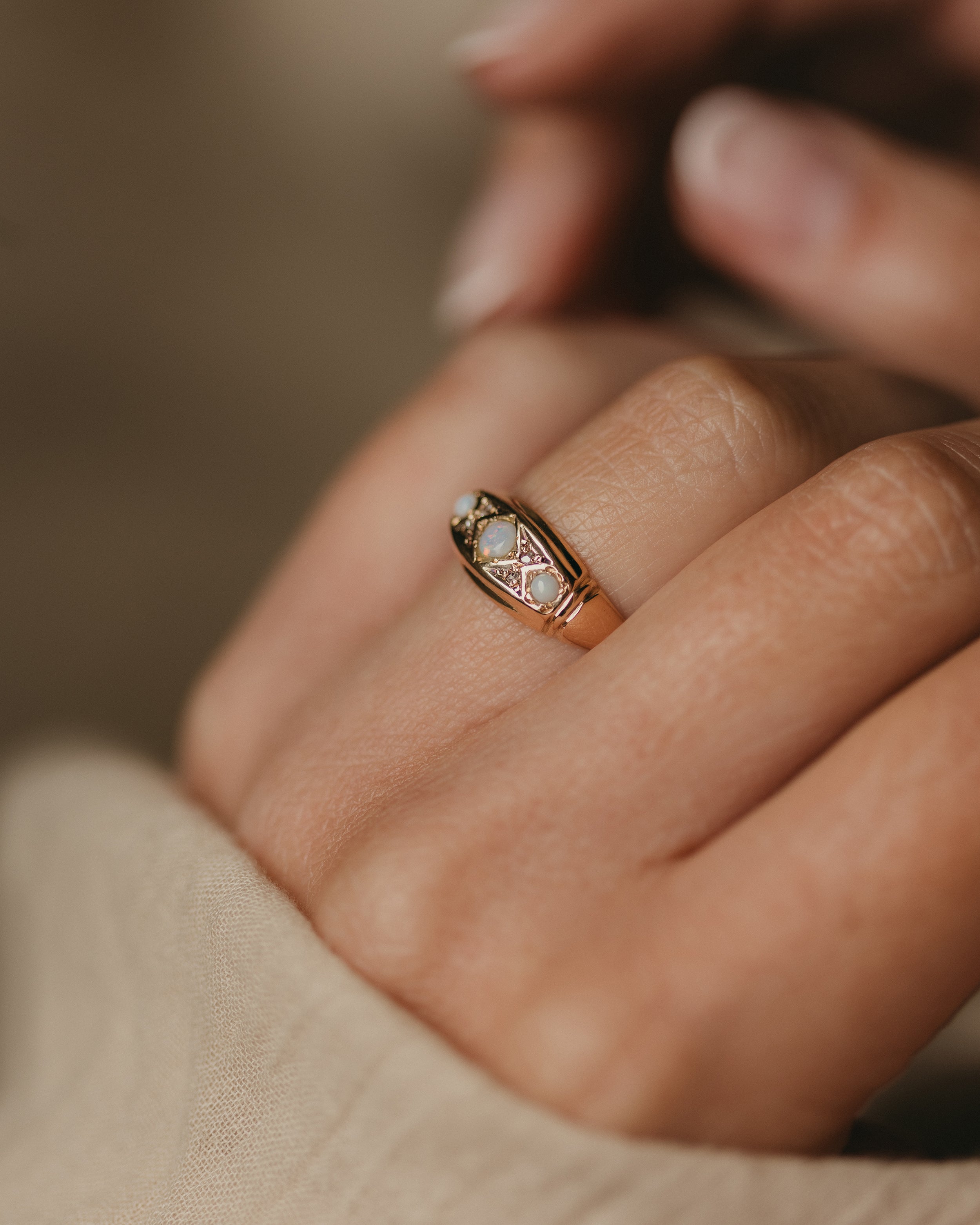 Alma 1915 Antique 18ct Gold Opal & Diamond Trilogy Ring