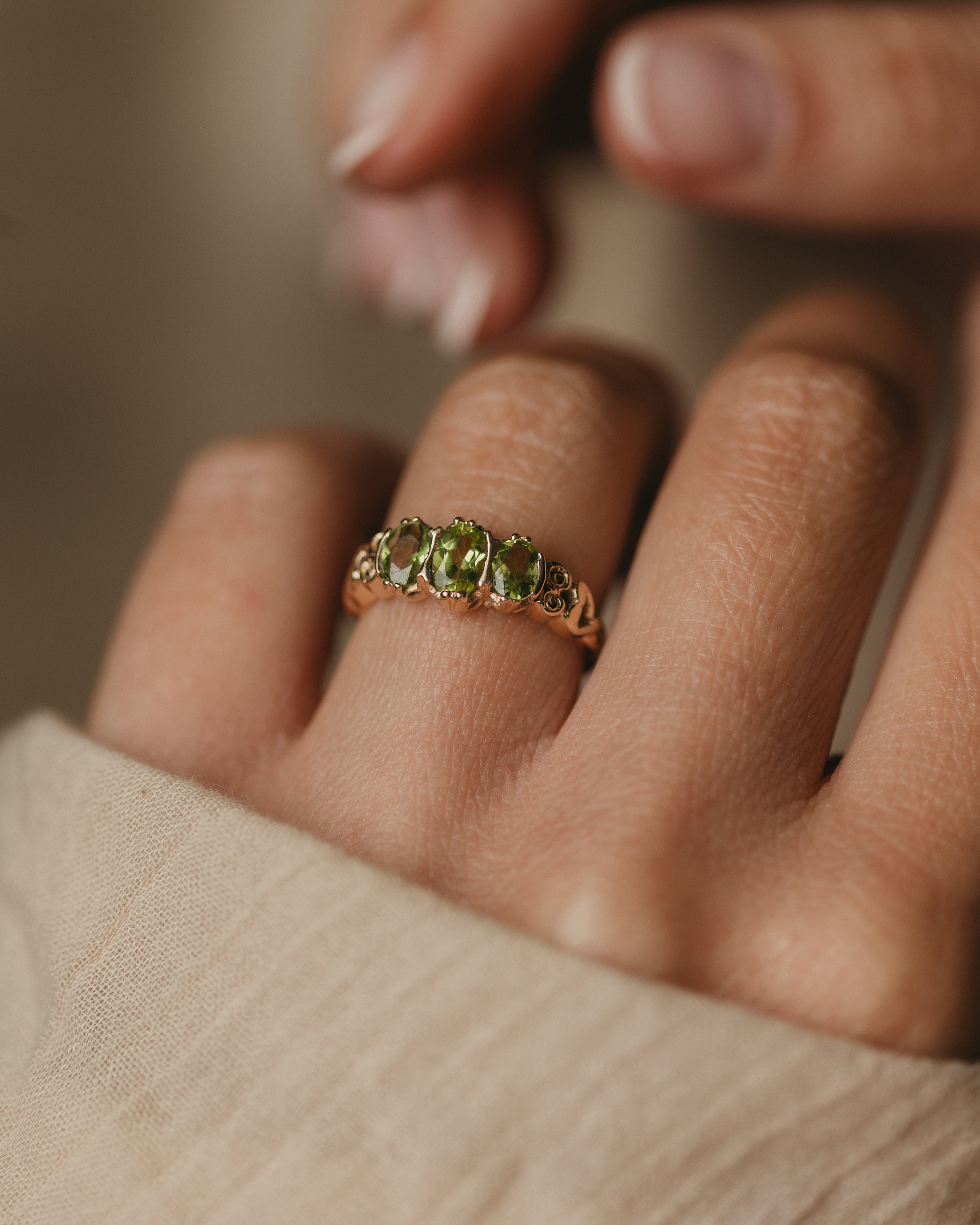 Image of Phyllis Vintage 9ct Gold Peridot Trilogy Ring