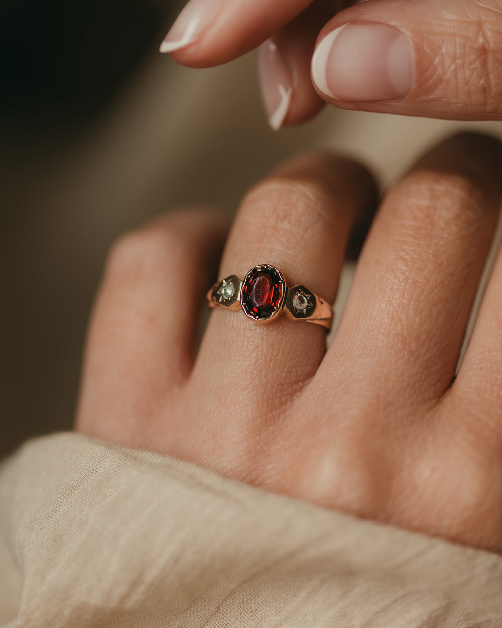 Babette Antique 15ct Gold Garnet & Diamond Trilogy Ring