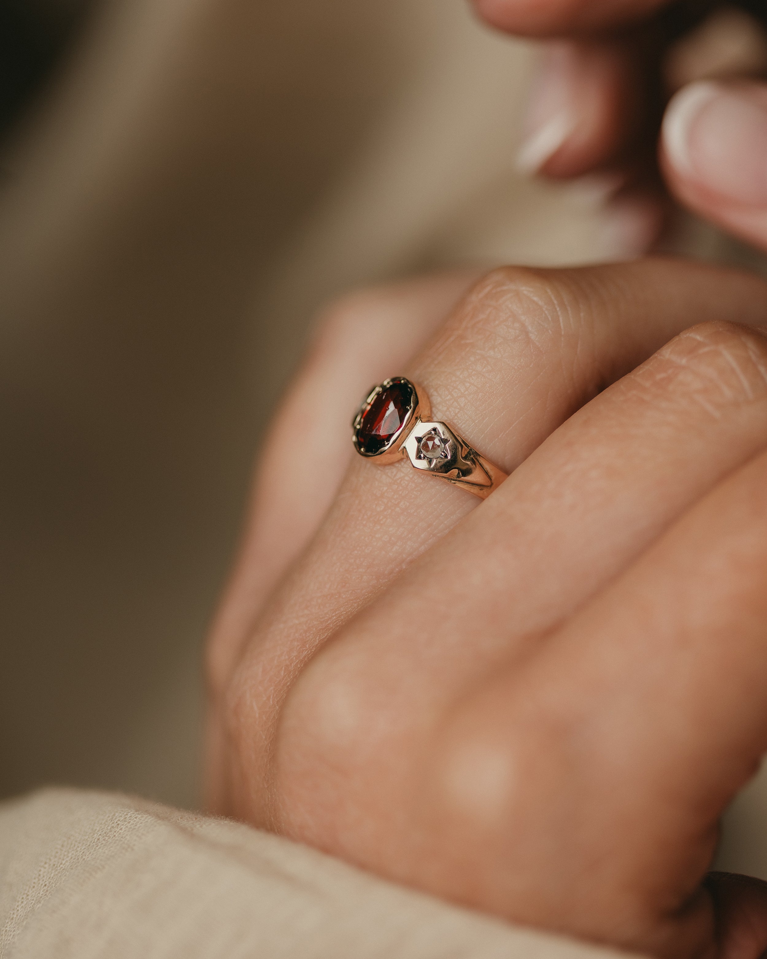 Babette Antique 15ct Gold Garnet & Diamond Trilogy Ring