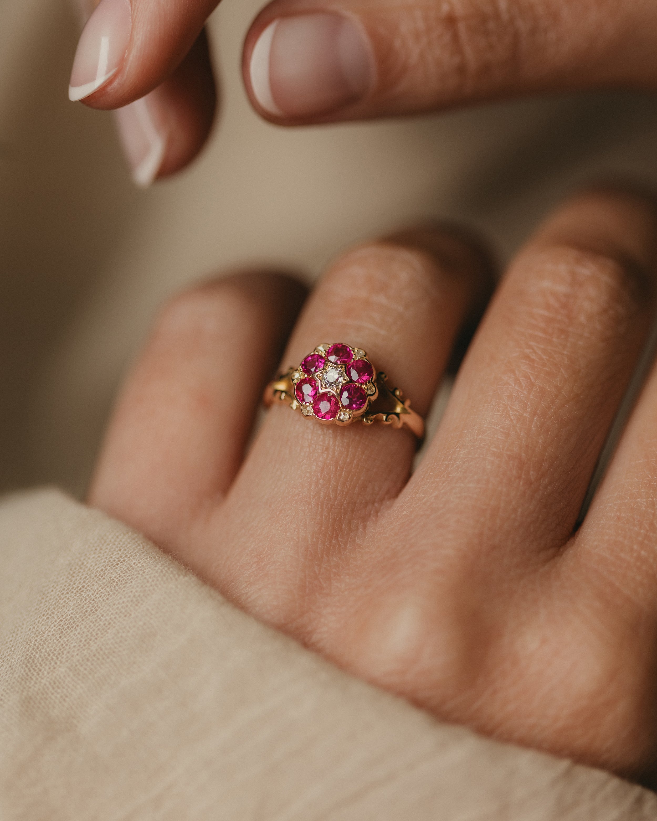 Image of Therese 1908 Antique 18ct Gold Ruby & Diamond Cluster Ring