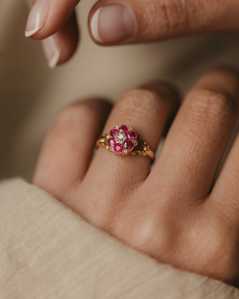 Therese 1908 Antique 18ct Gold Ruby & Diamond Cluster Ring