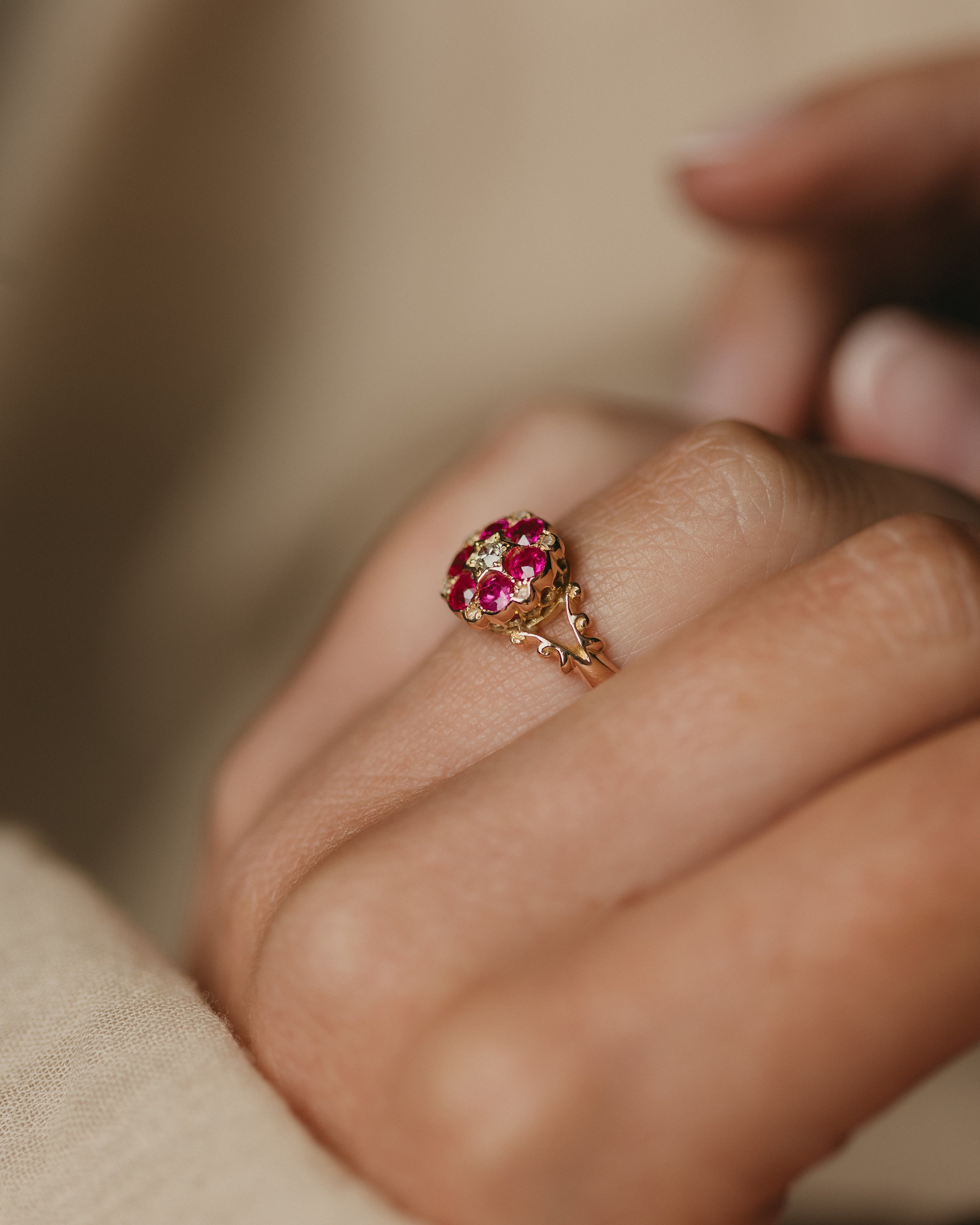 Therese 1908 Antique 18ct Gold Ruby & Diamond Cluster Ring