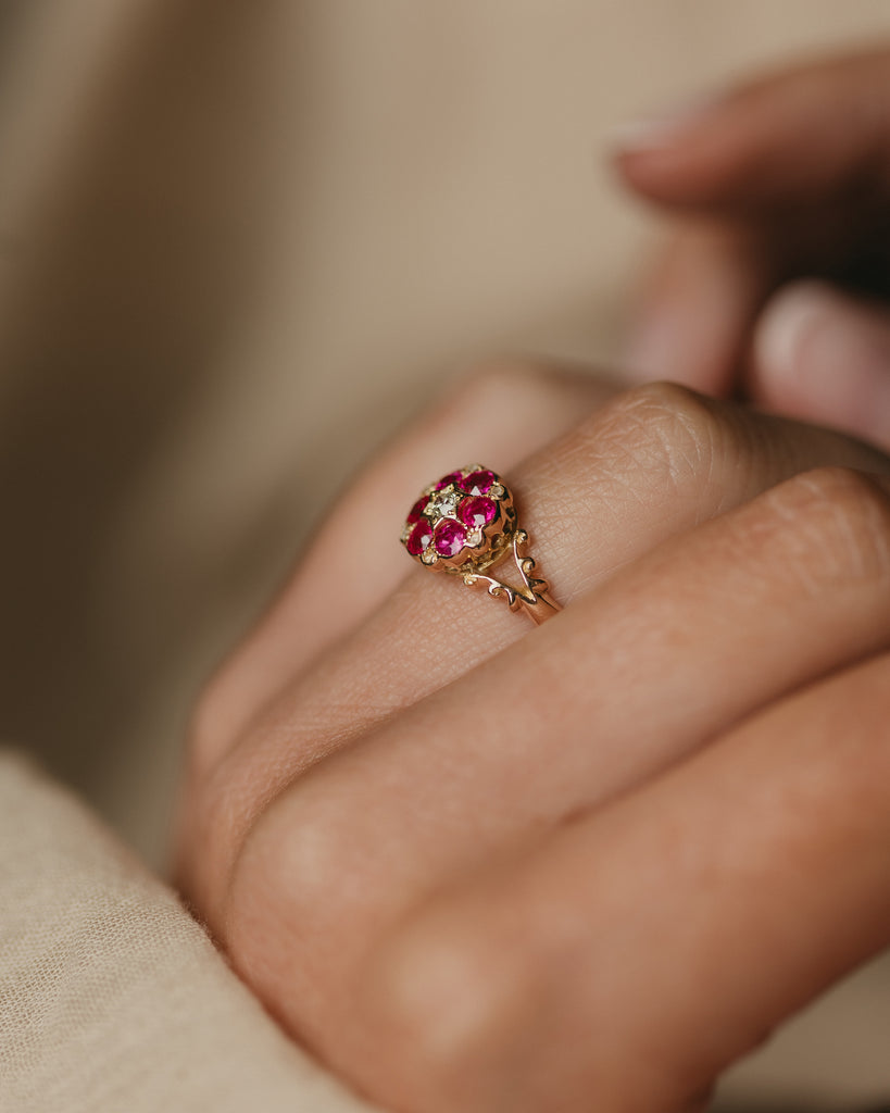 Therese 1908 Antique 18ct Gold Ruby & Diamond Cluster Ring