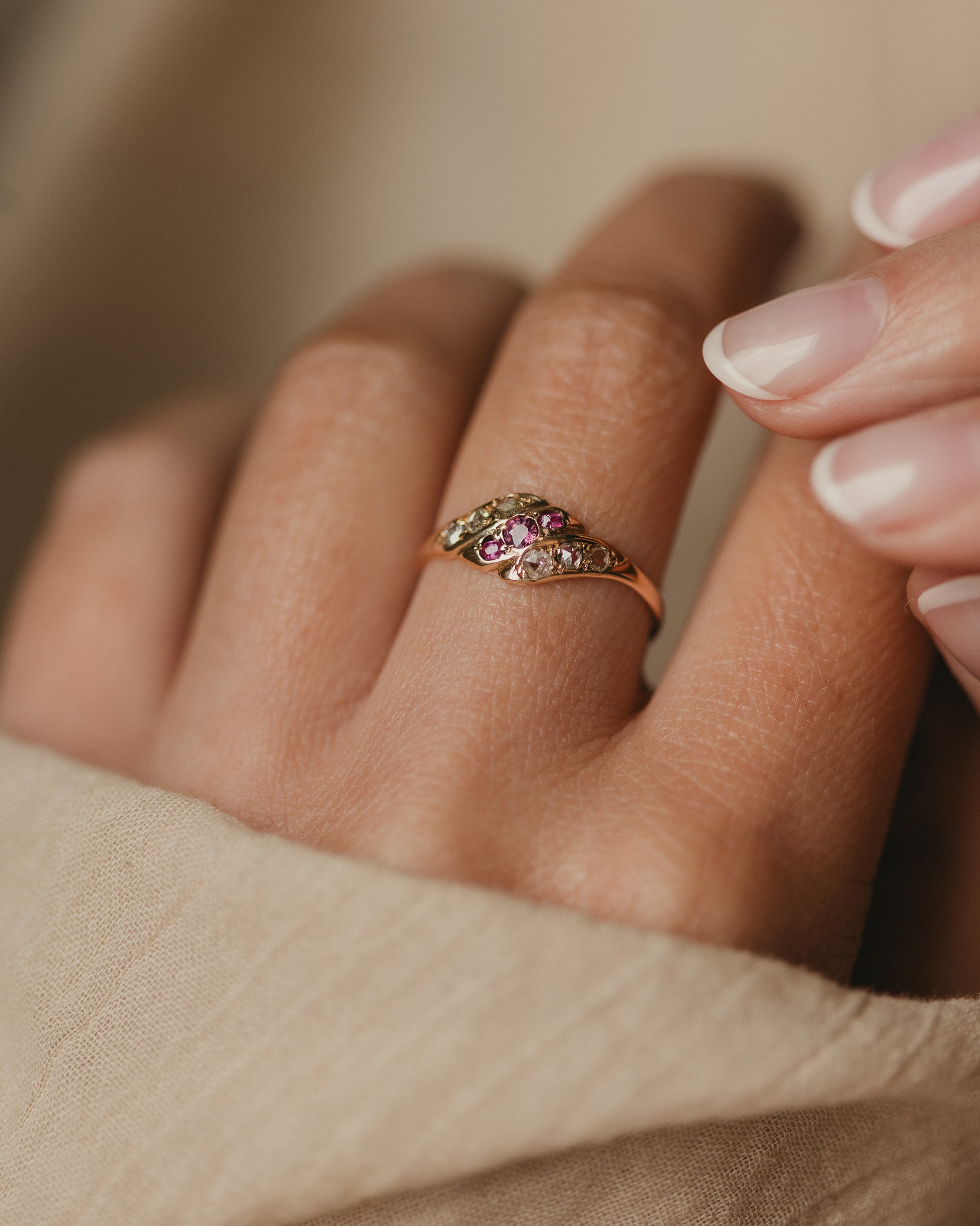 Image of Justine Antique 15ct Gold Ruby & Diamond Twist Ring