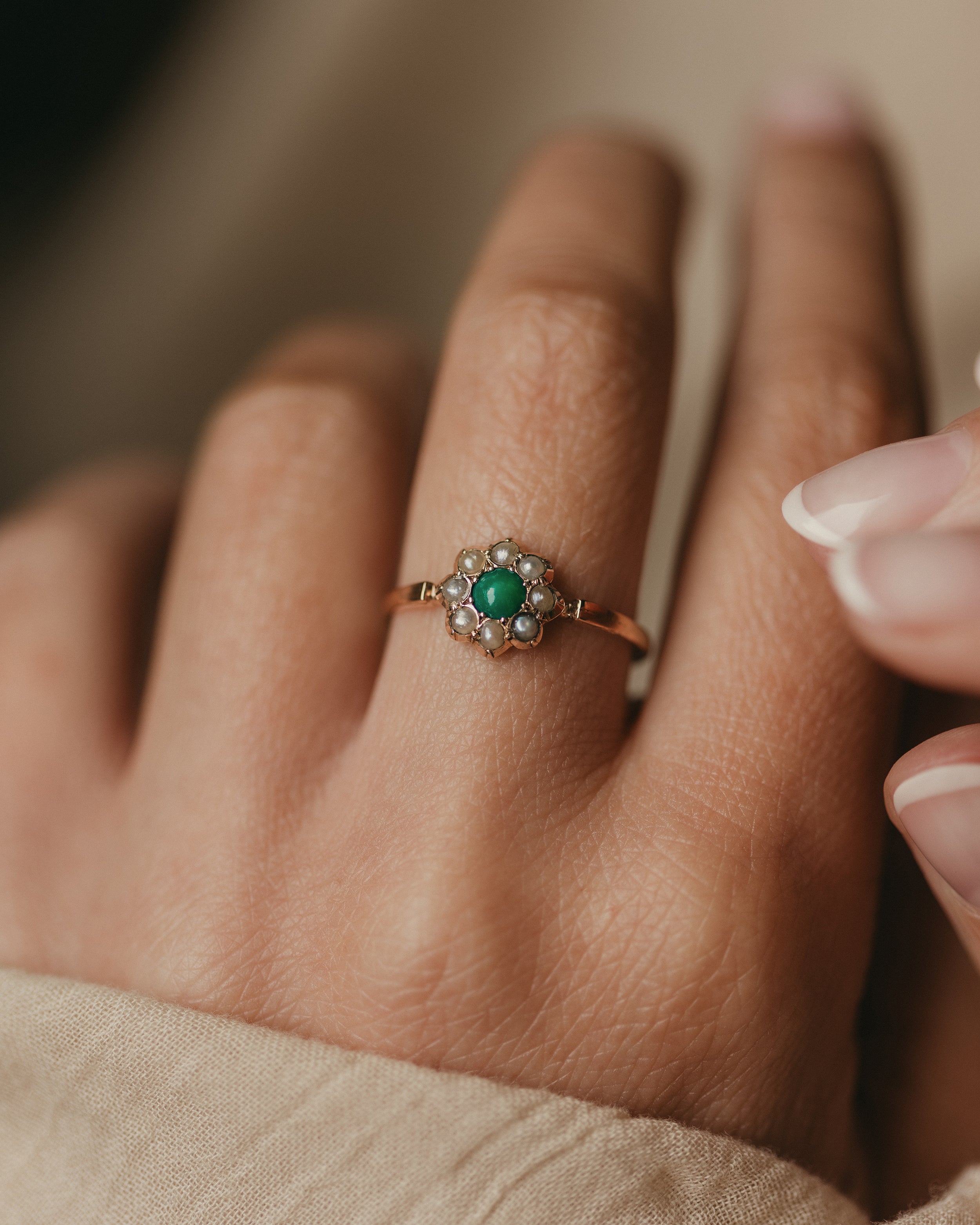 Image of Colette Antique 9ct Gold Turquoise & Pearl Cluster Ring