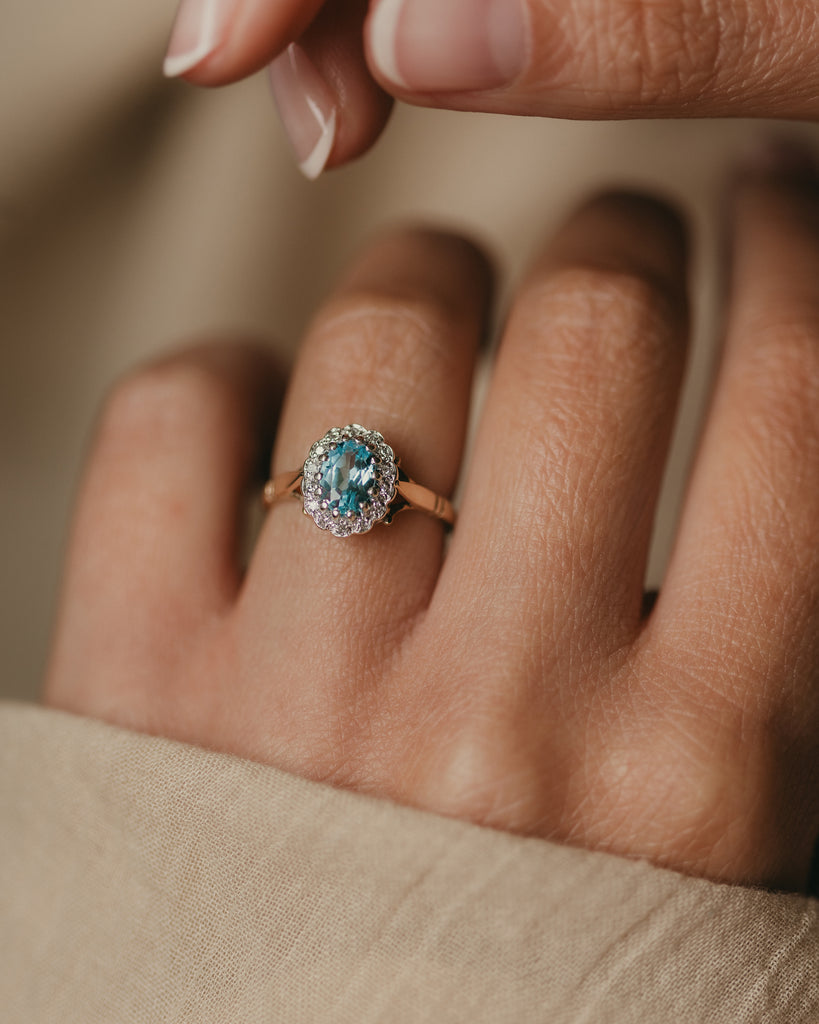 Catherine 1988 Vintage 9ct Gold Blue Topaz & Diamond Cluster Ring